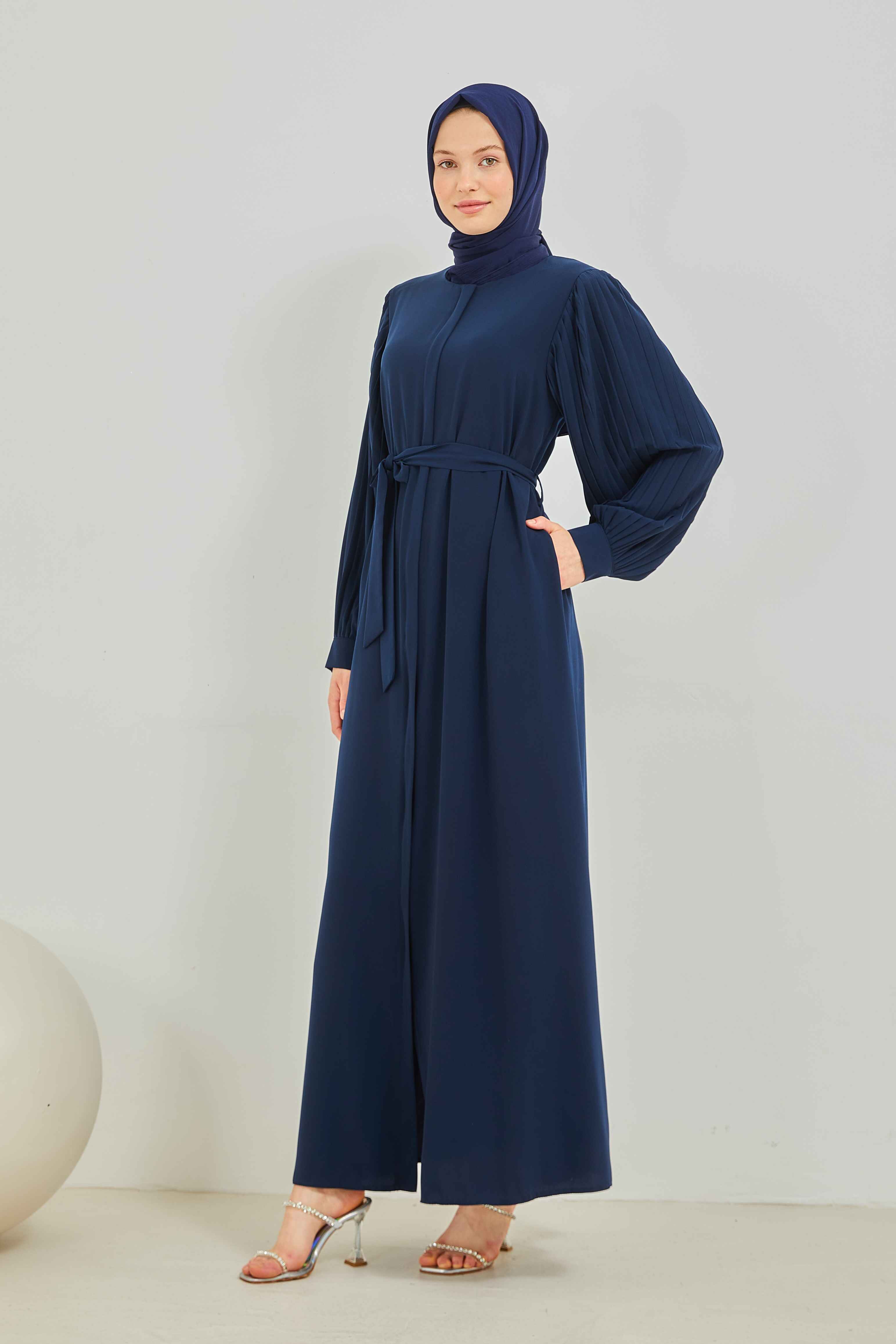 Pilise Kollu Beli Kuşaklı Sade Ferace Lacivert | 20895