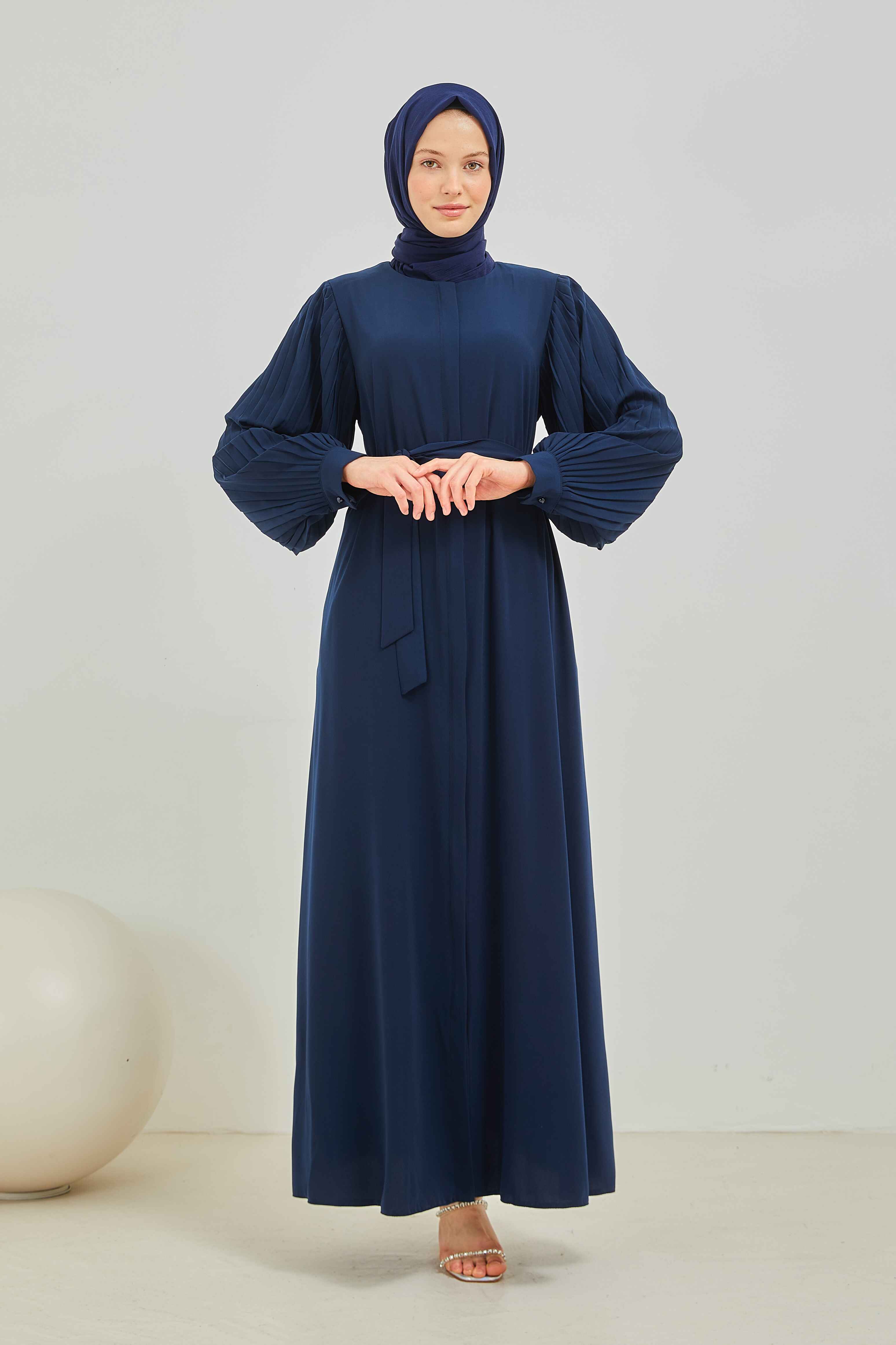 Pilise Kollu Beli Kuşaklı Sade Ferace Lacivert | 20895