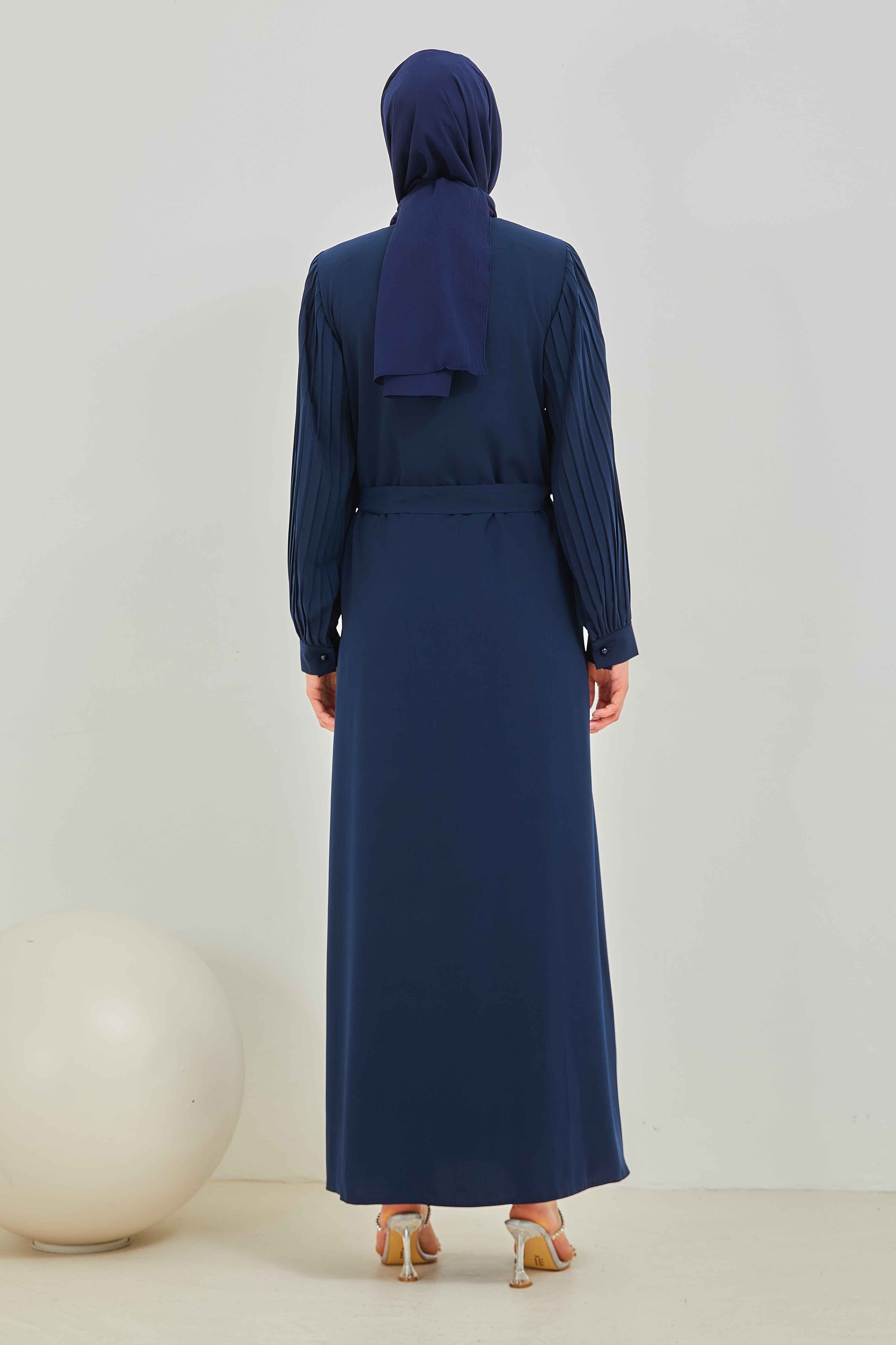 Pilise Kollu Beli Kuşaklı Sade Ferace Lacivert | 20895