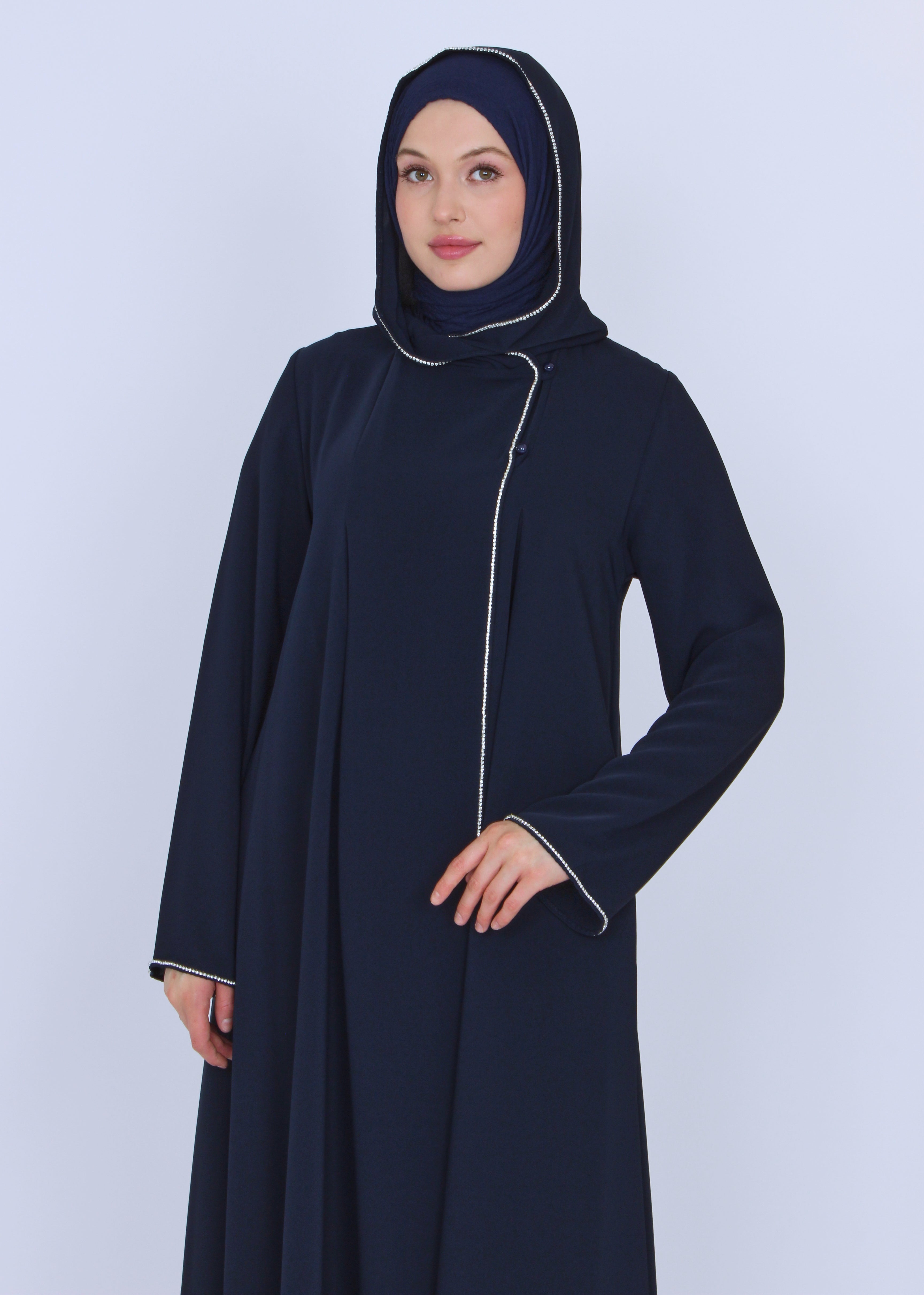 Şerit Taşlı Kapüşonlu Abaya Ferace Lacivert | 21145