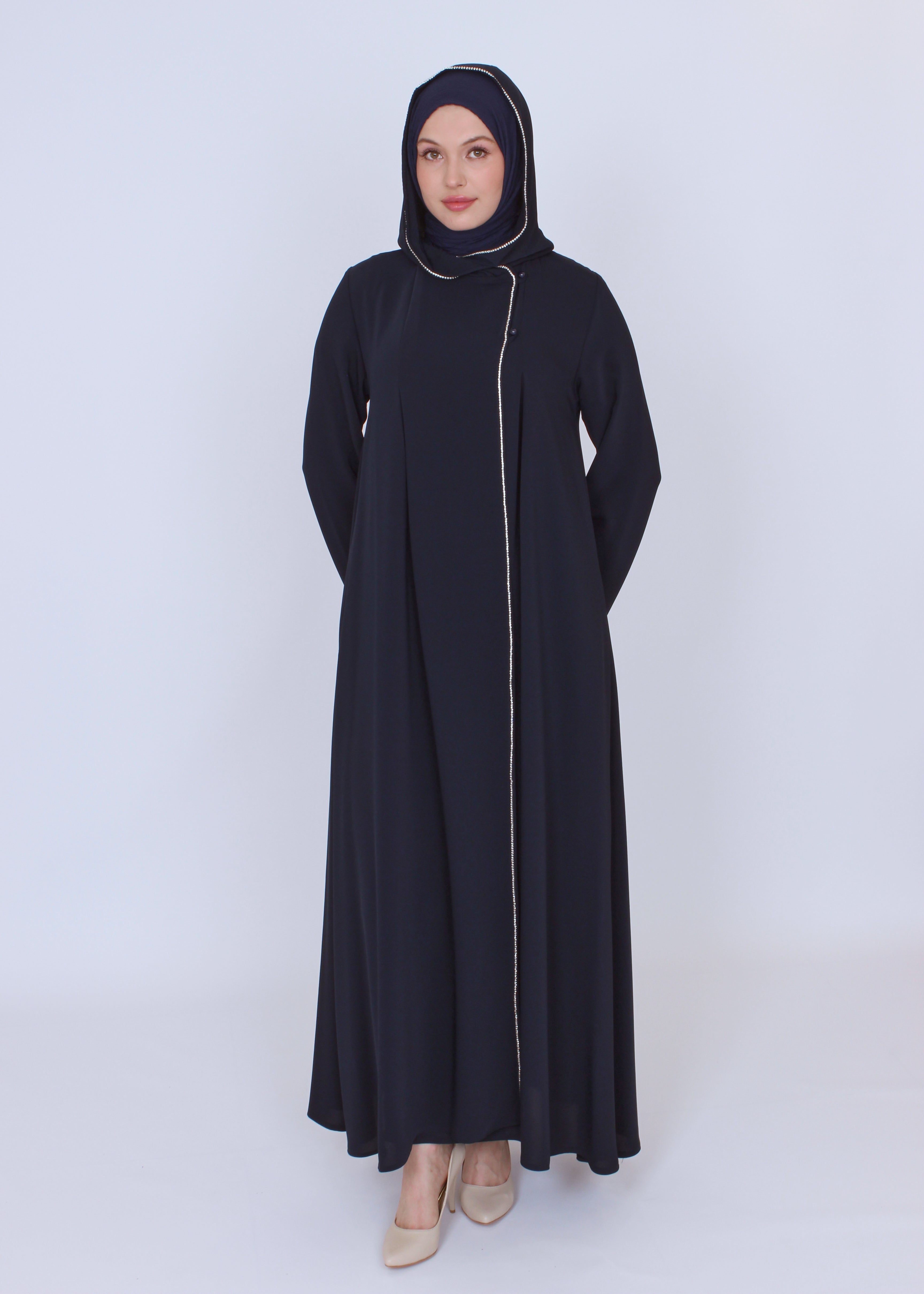 Şerit Taşlı Kapüşonlu Abaya Ferace Lacivert | 21145