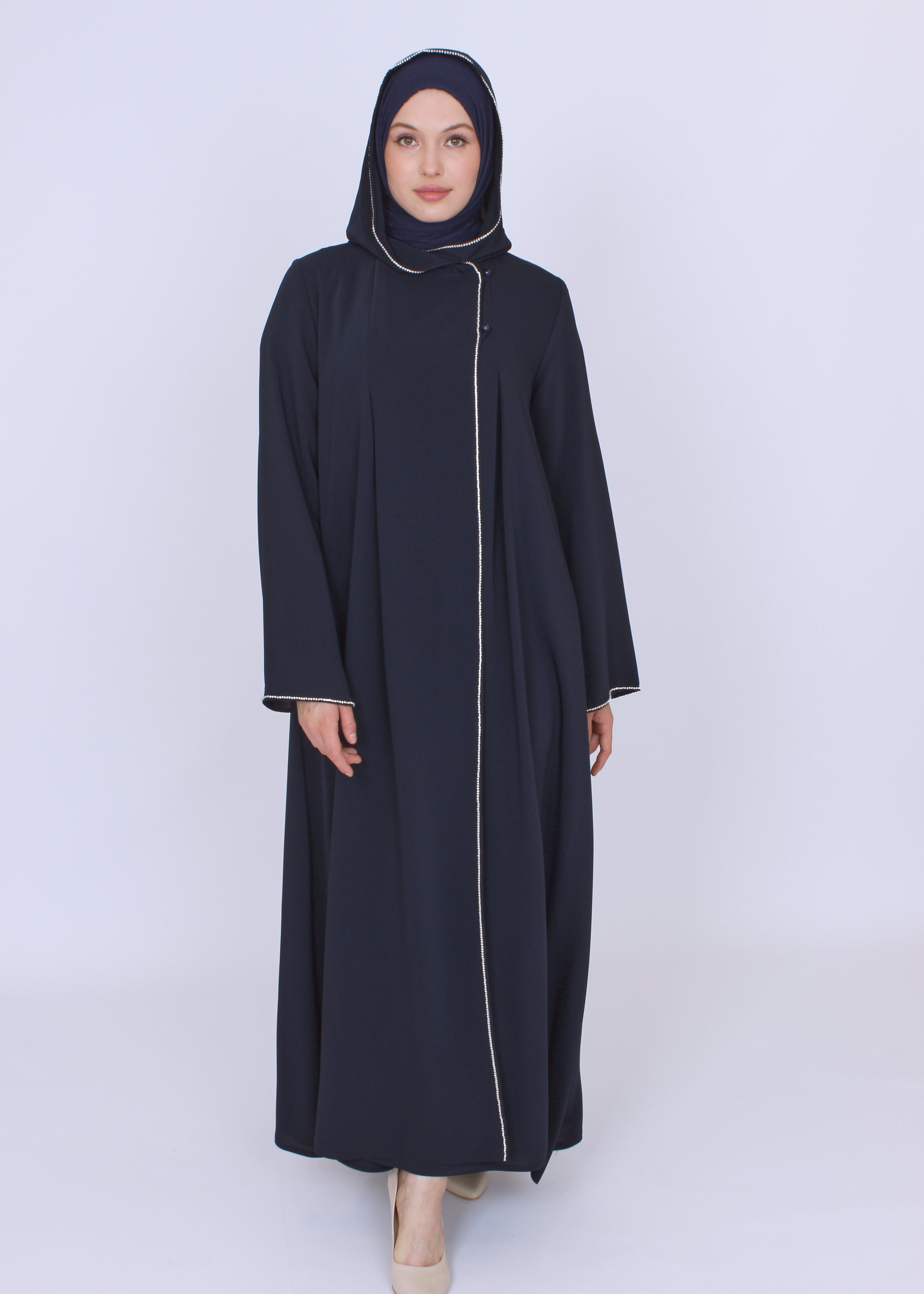 Şerit Taşlı Kapüşonlu Abaya Ferace Lacivert | 21145