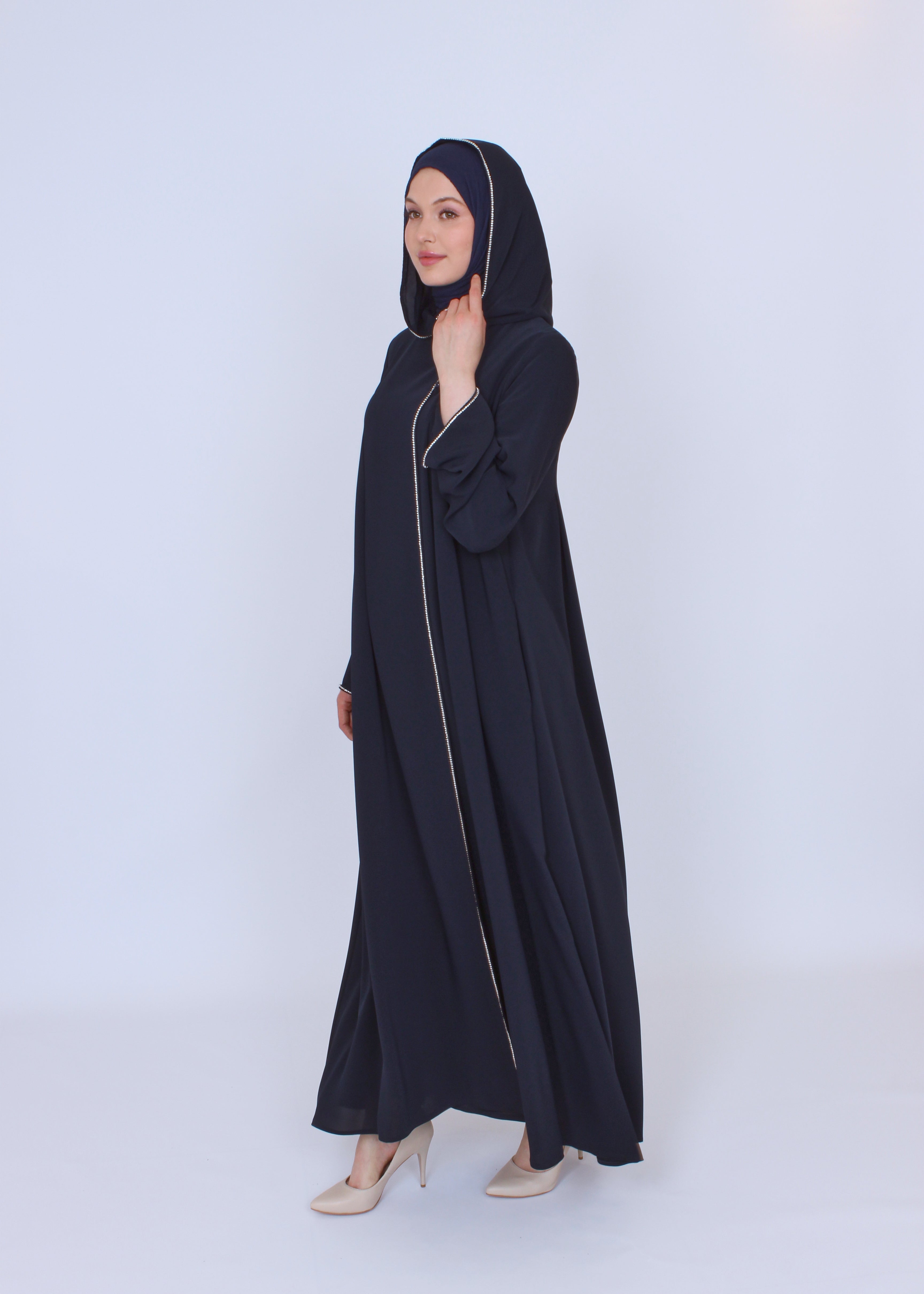 Şerit Taşlı Kapüşonlu Abaya Ferace Lacivert | 21145