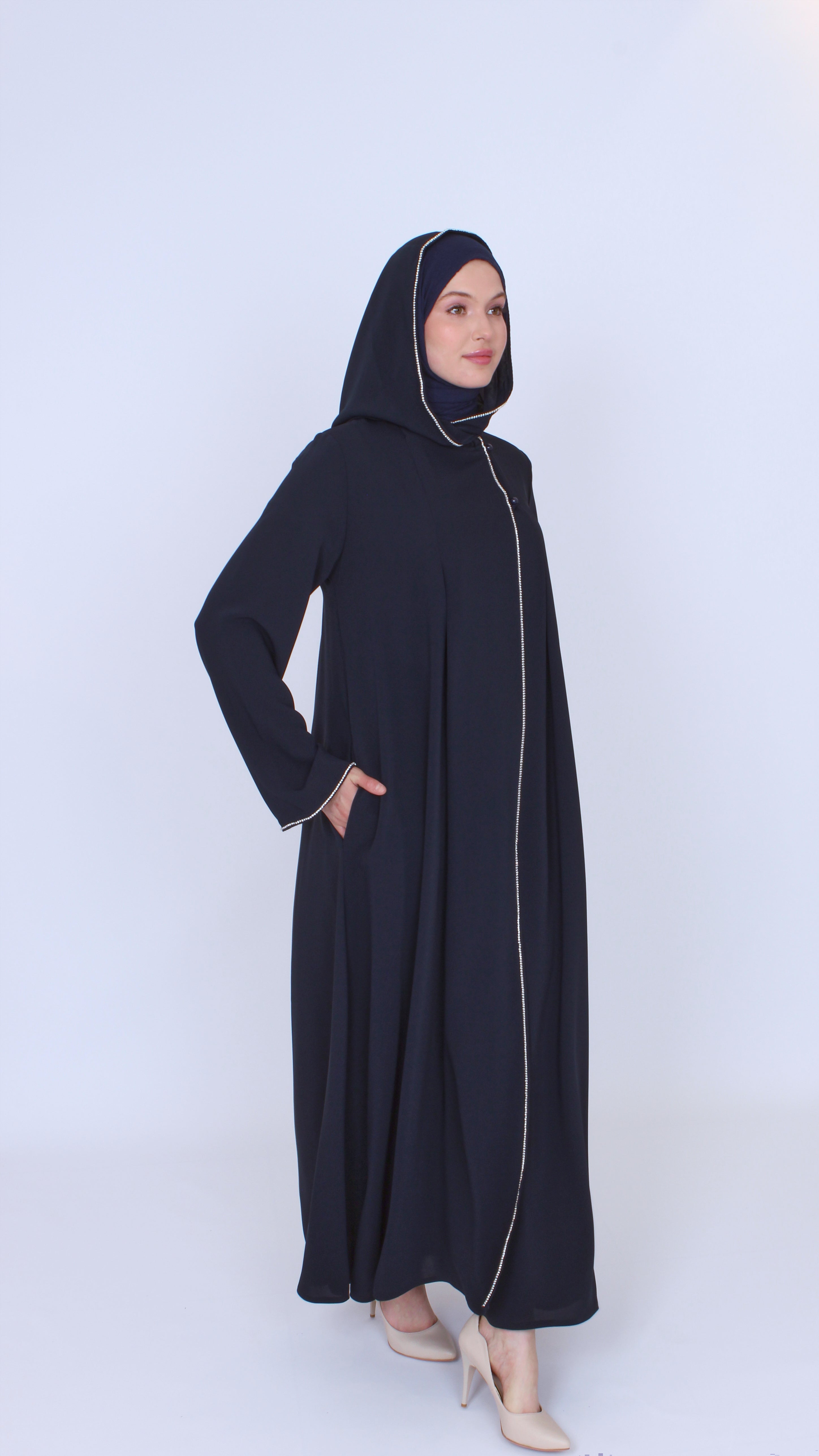 Şerit Taşlı Kapüşonlu Abaya Ferace Lacivert | 21145