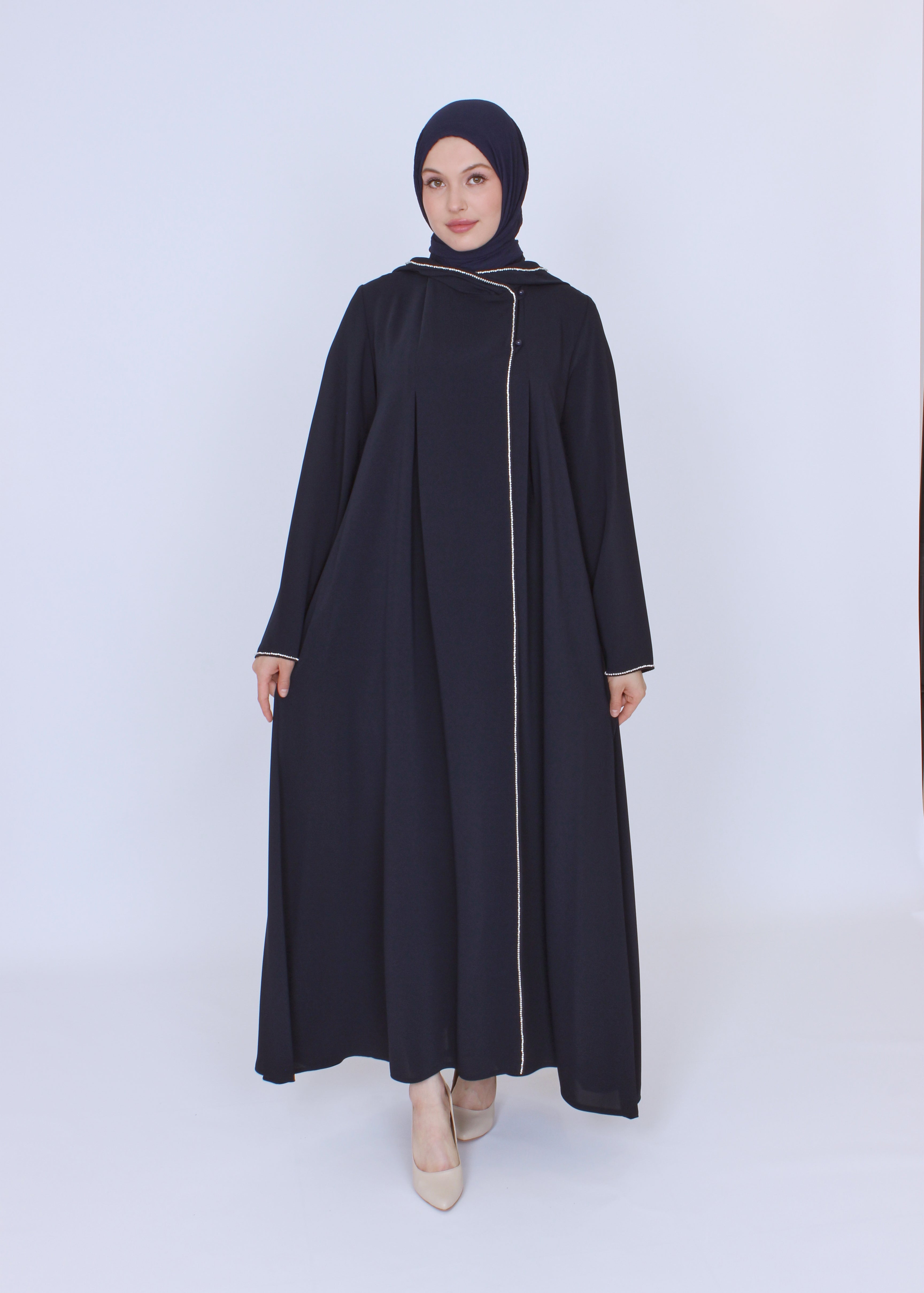 Şerit Taşlı Kapüşonlu Abaya Ferace Lacivert | 21145