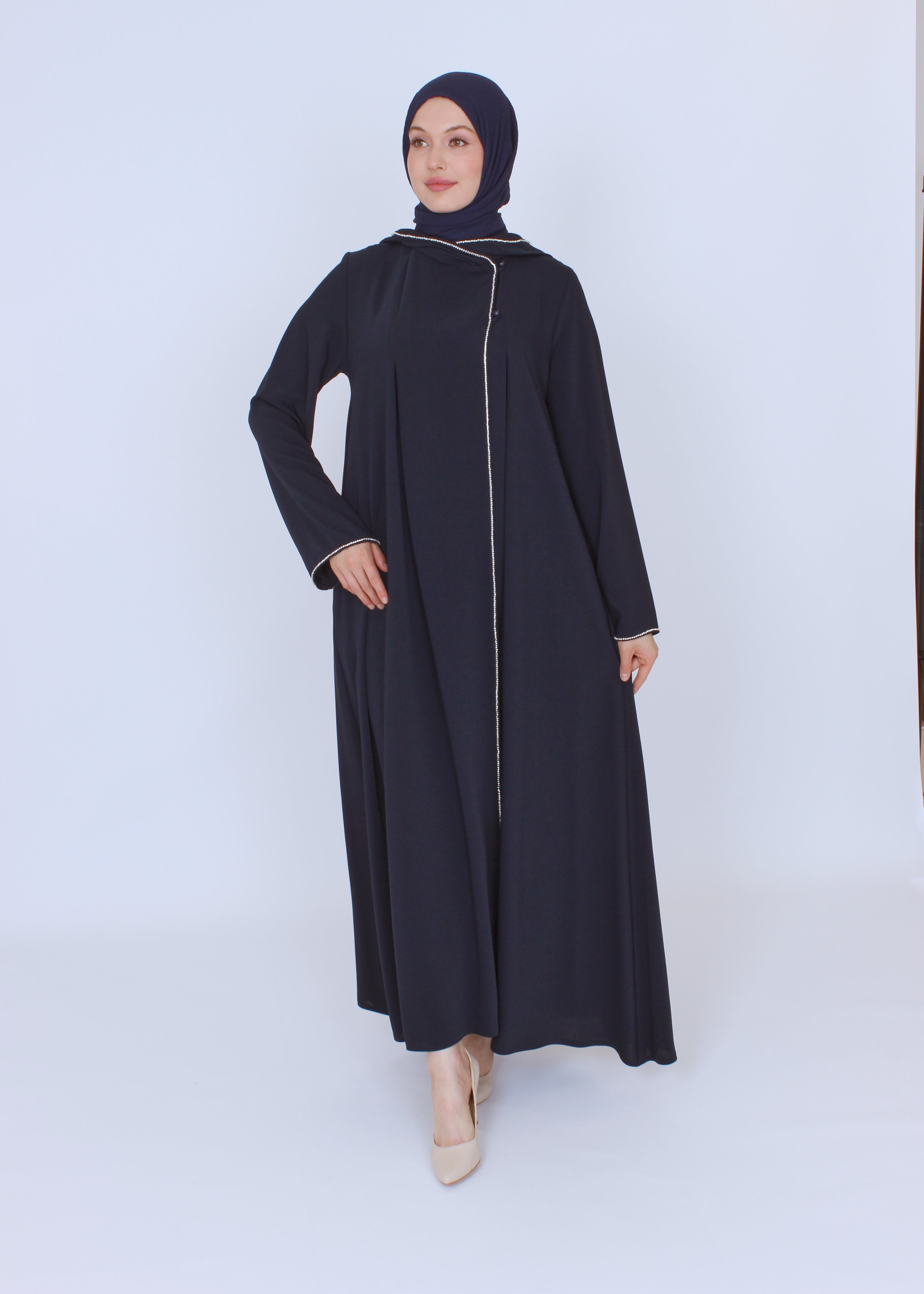Şerit Taşlı Kapüşonlu Abaya Ferace Lacivert | 21145