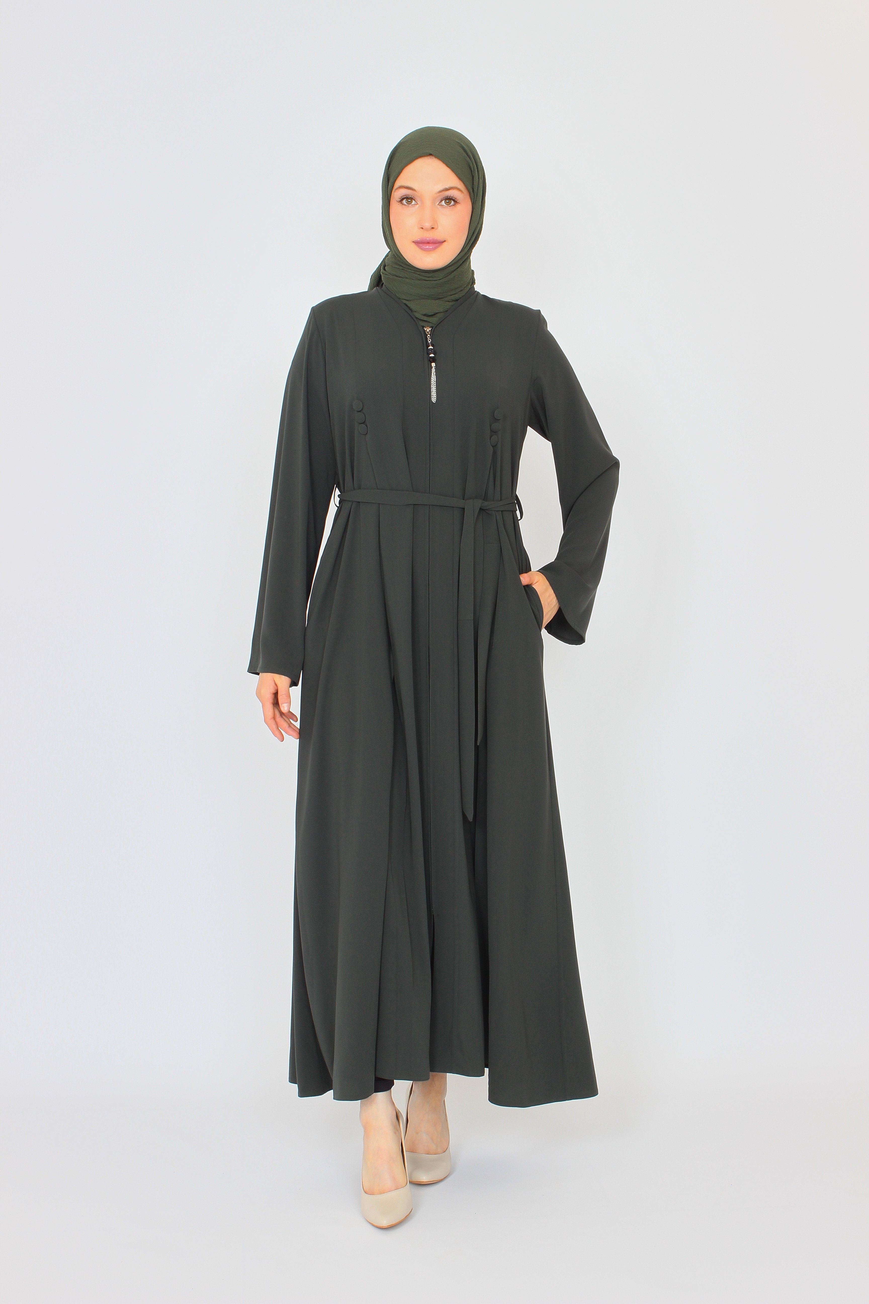 Önü Düğmeli Beli Kuşaklı Ferace Haki | 211719