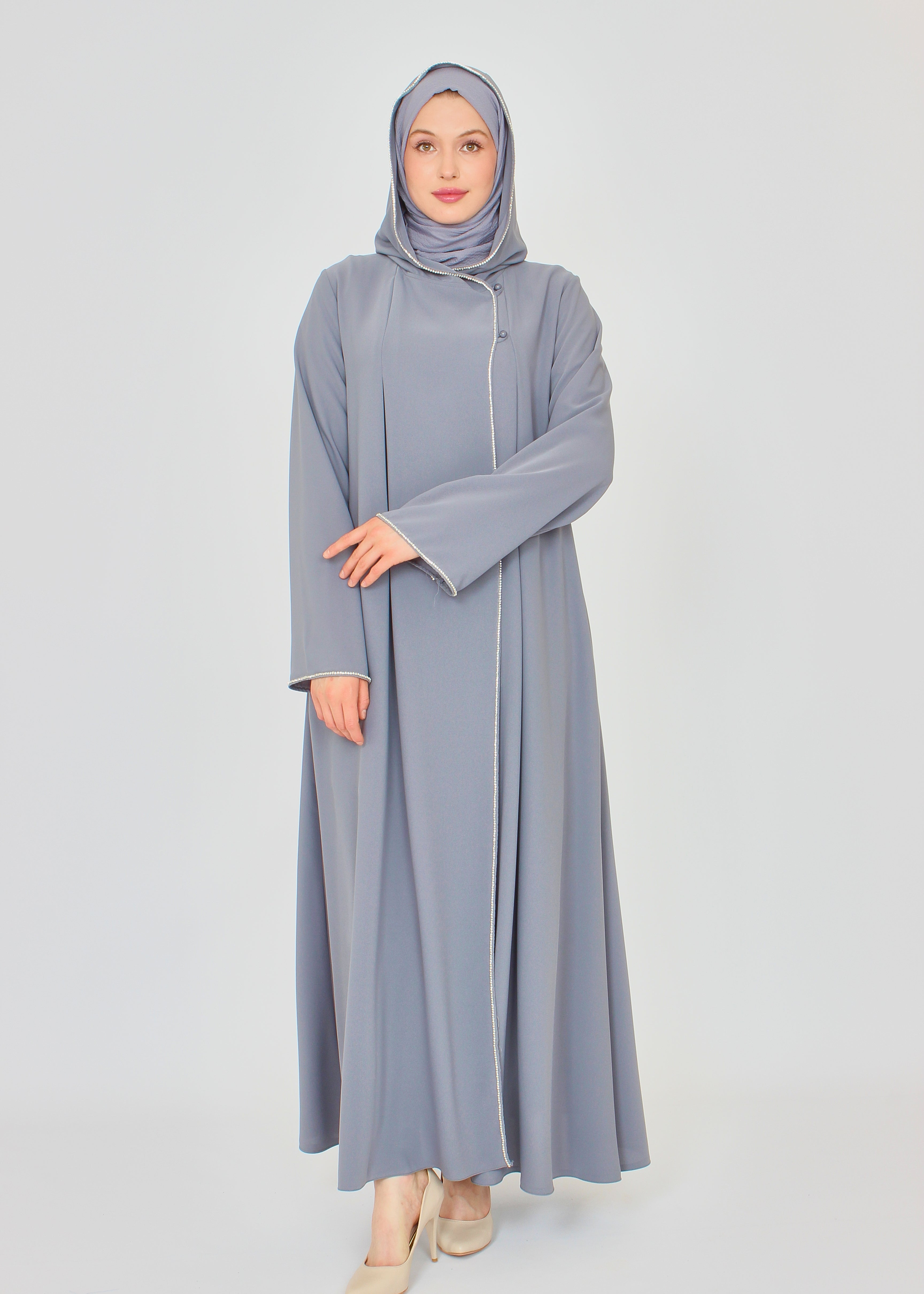 Şerit Taşlı Kapüşonlu Abaya Ferace Gri | 211424