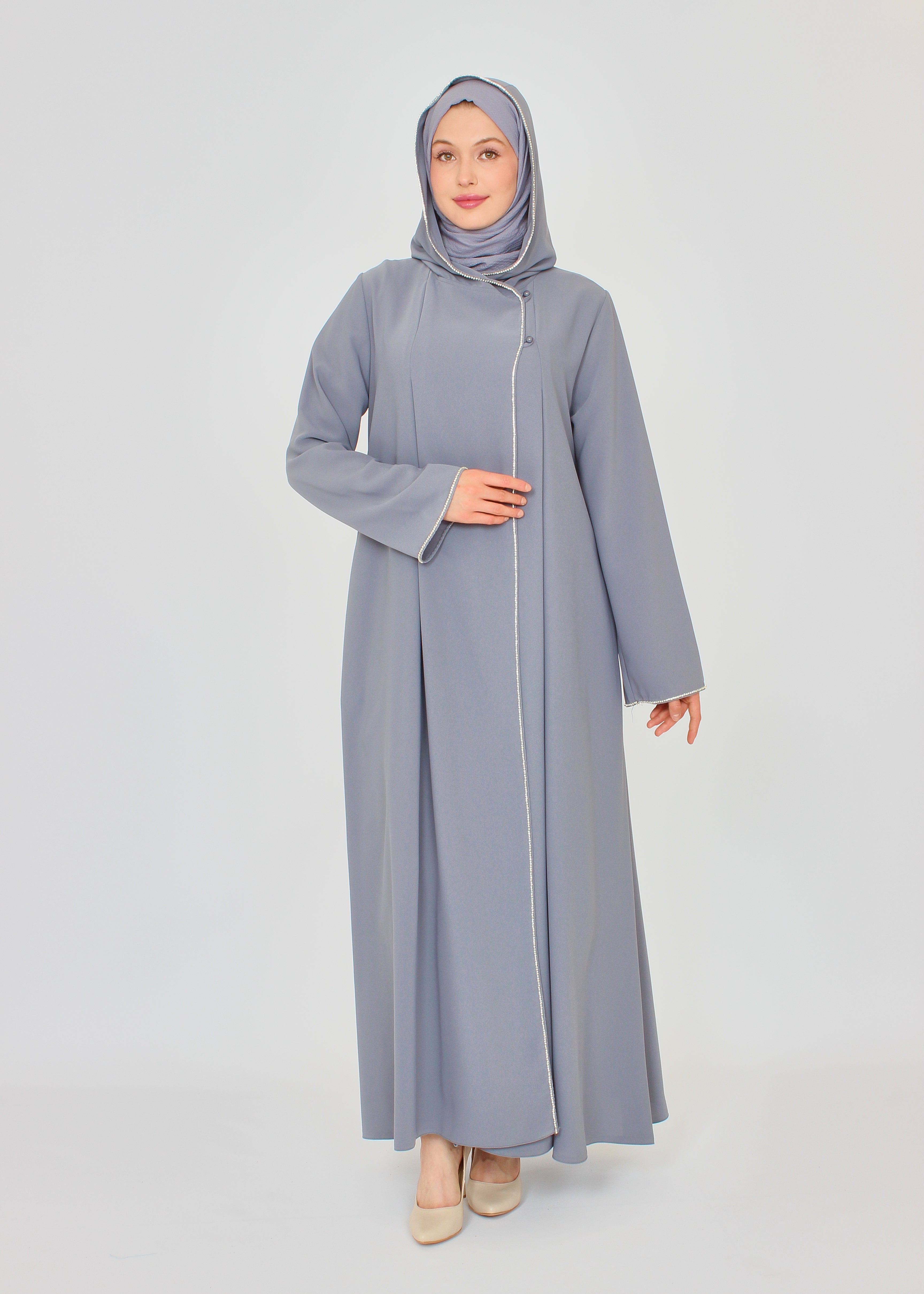Şerit Taşlı Kapüşonlu Abaya Ferace Gri | 211424