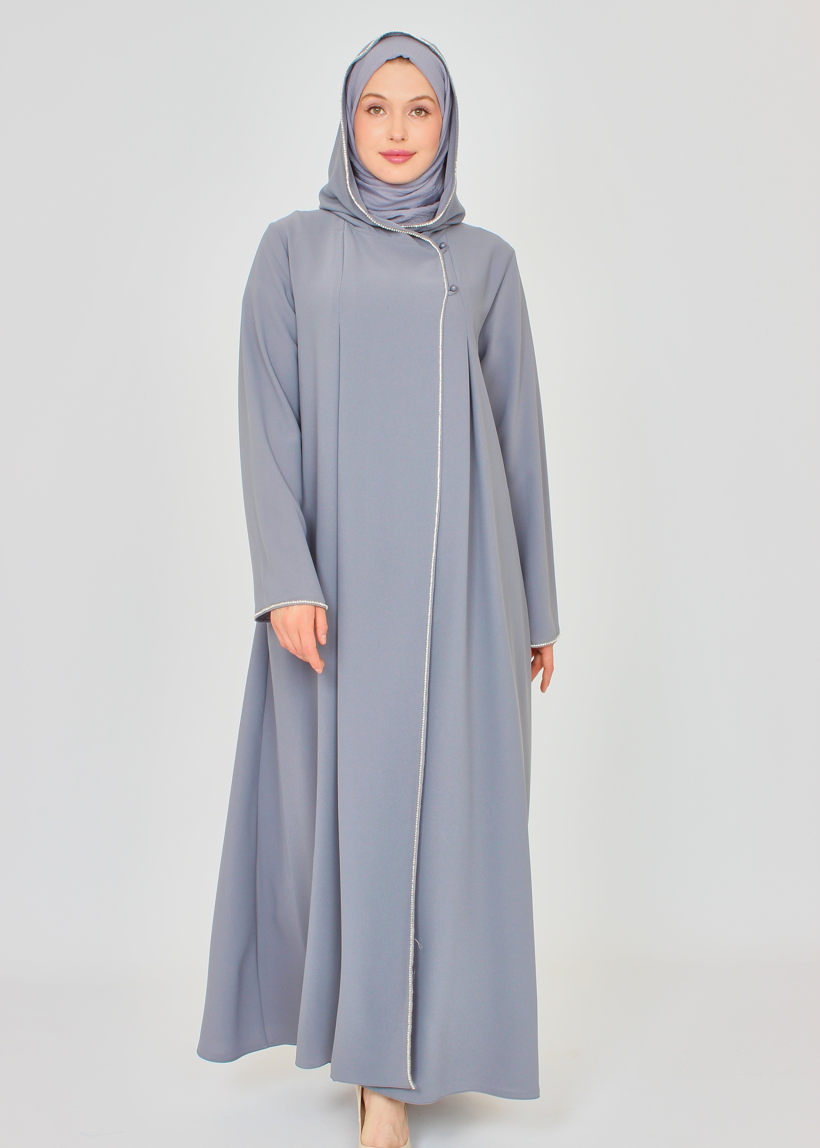 Şerit Taşlı Kapüşonlu Abaya Ferace Gri | 211424