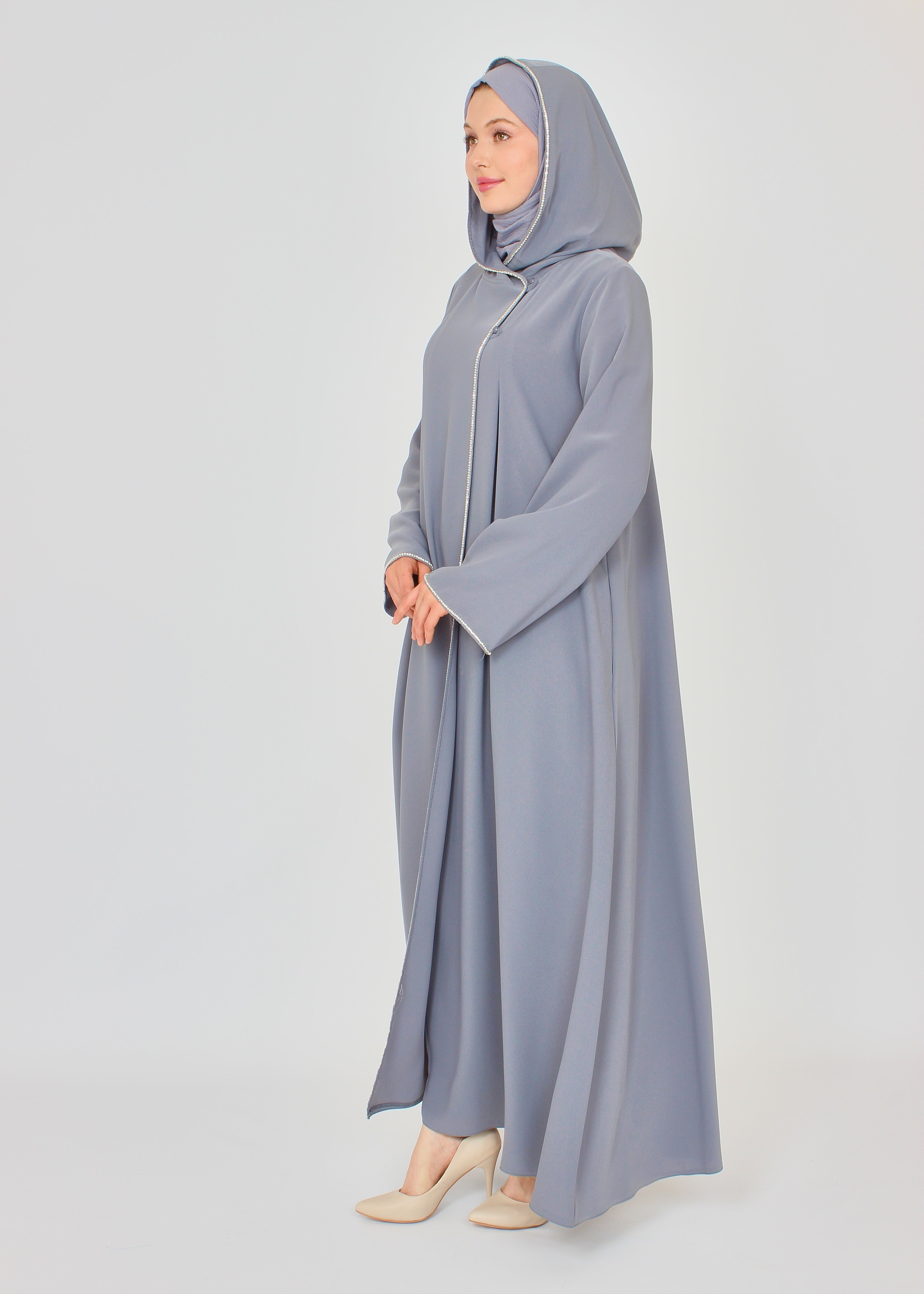 Şerit Taşlı Kapüşonlu Abaya Ferace Gri | 211424