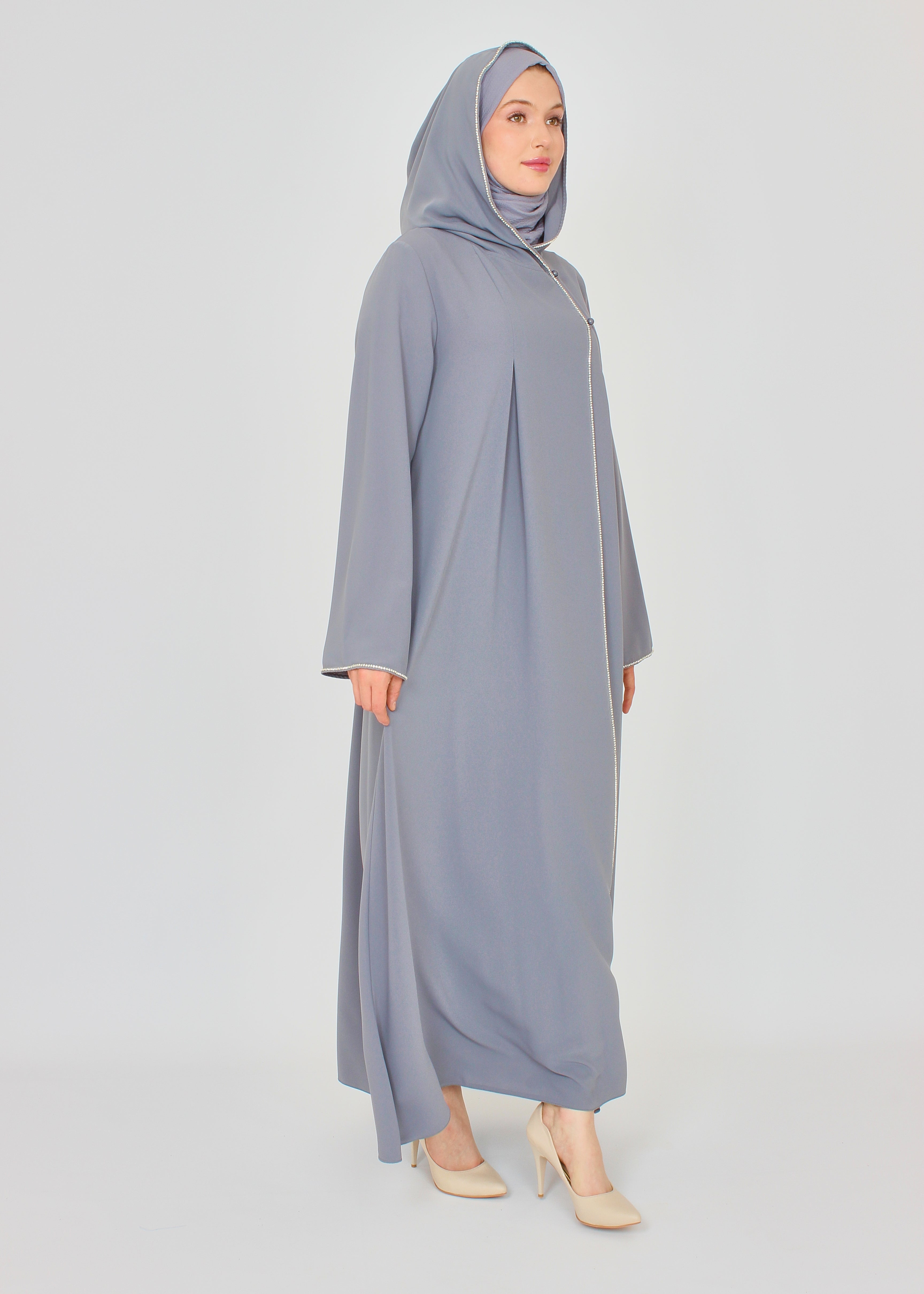 Şerit Taşlı Kapüşonlu Abaya Ferace Gri | 211424