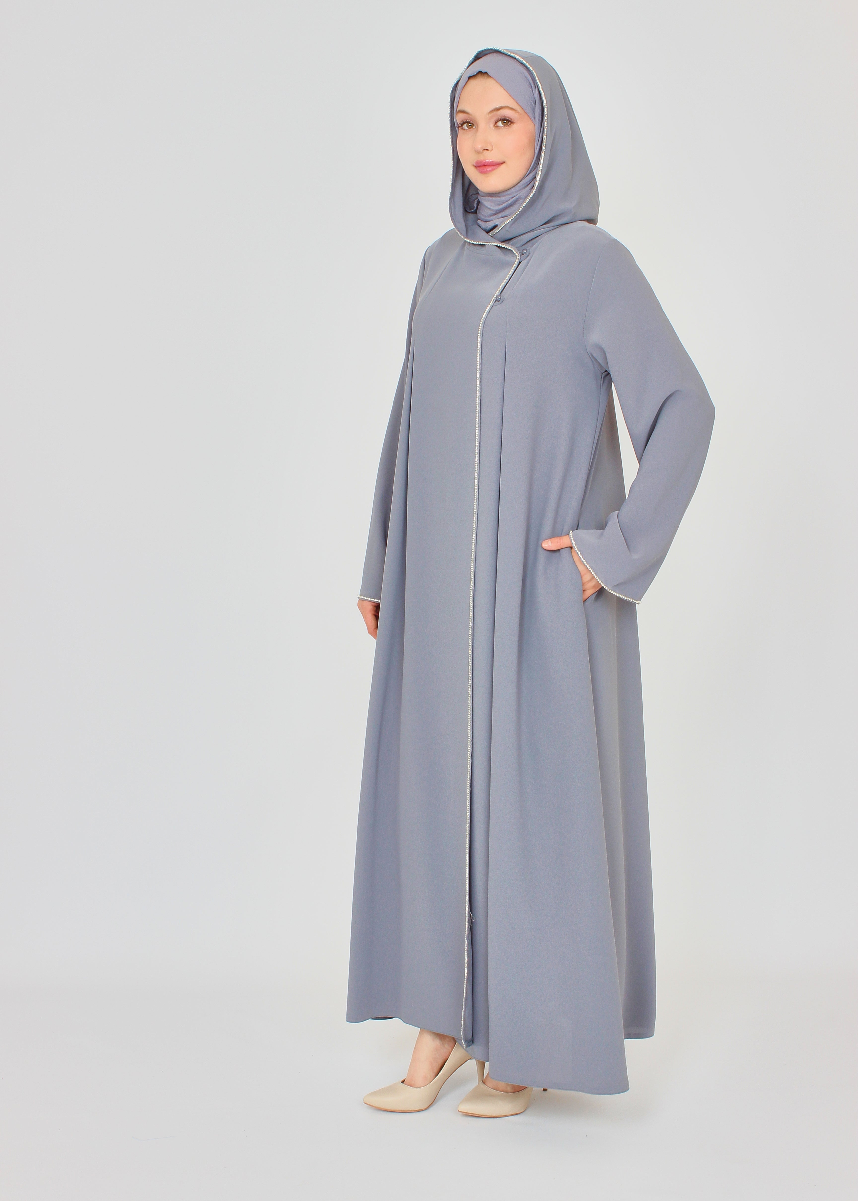 Şerit Taşlı Kapüşonlu Abaya Ferace Gri | 211424