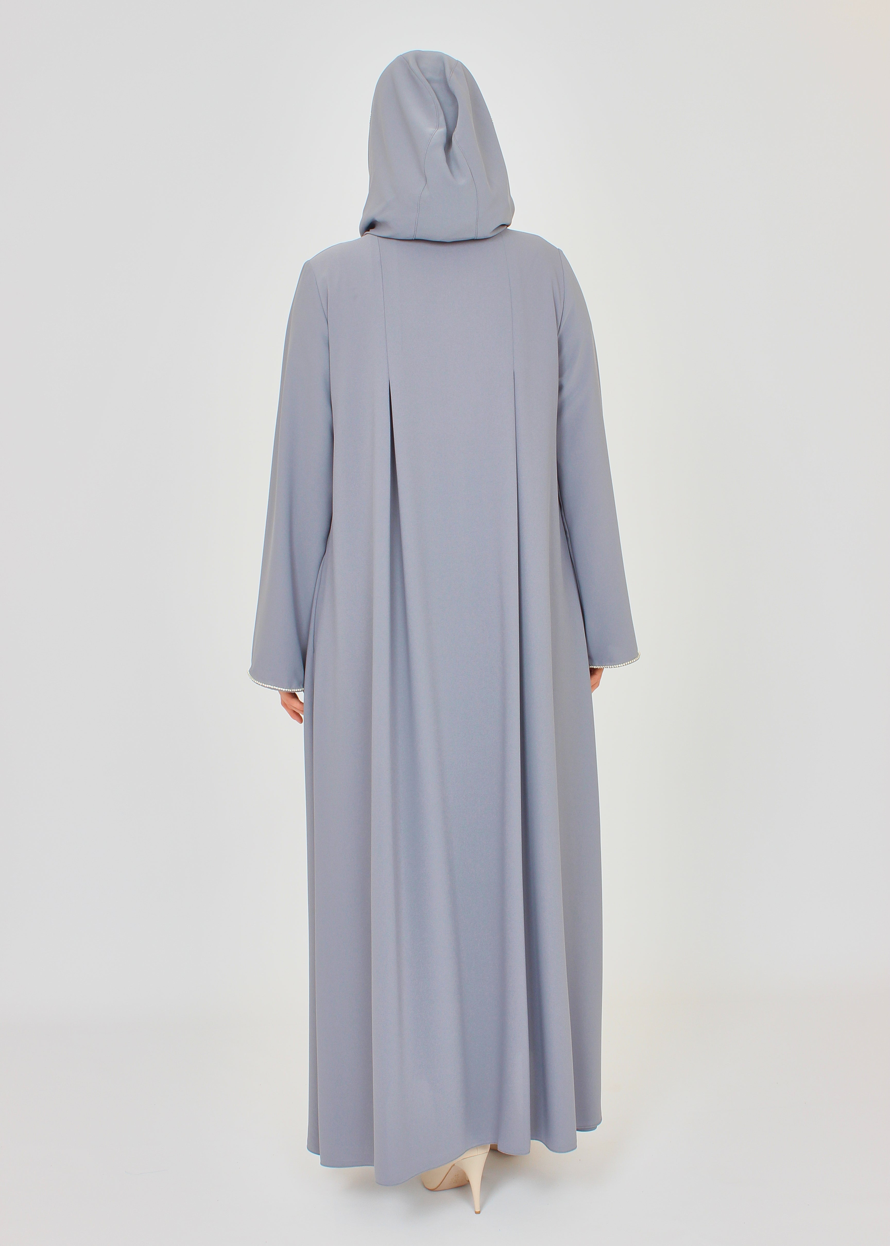 Şerit Taşlı Kapüşonlu Abaya Ferace Gri | 211424