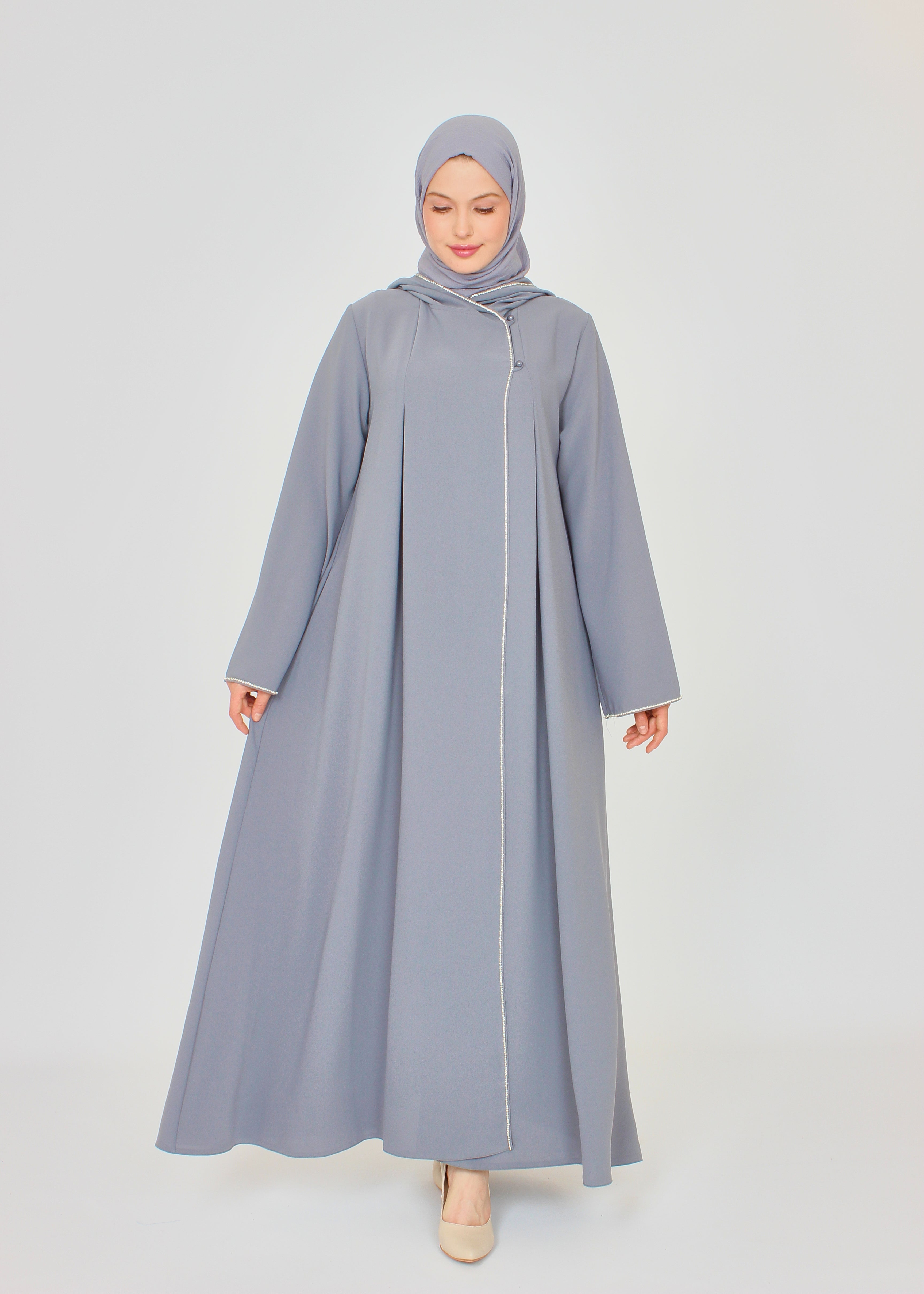 Şerit Taşlı Kapüşonlu Abaya Ferace Gri | 211424
