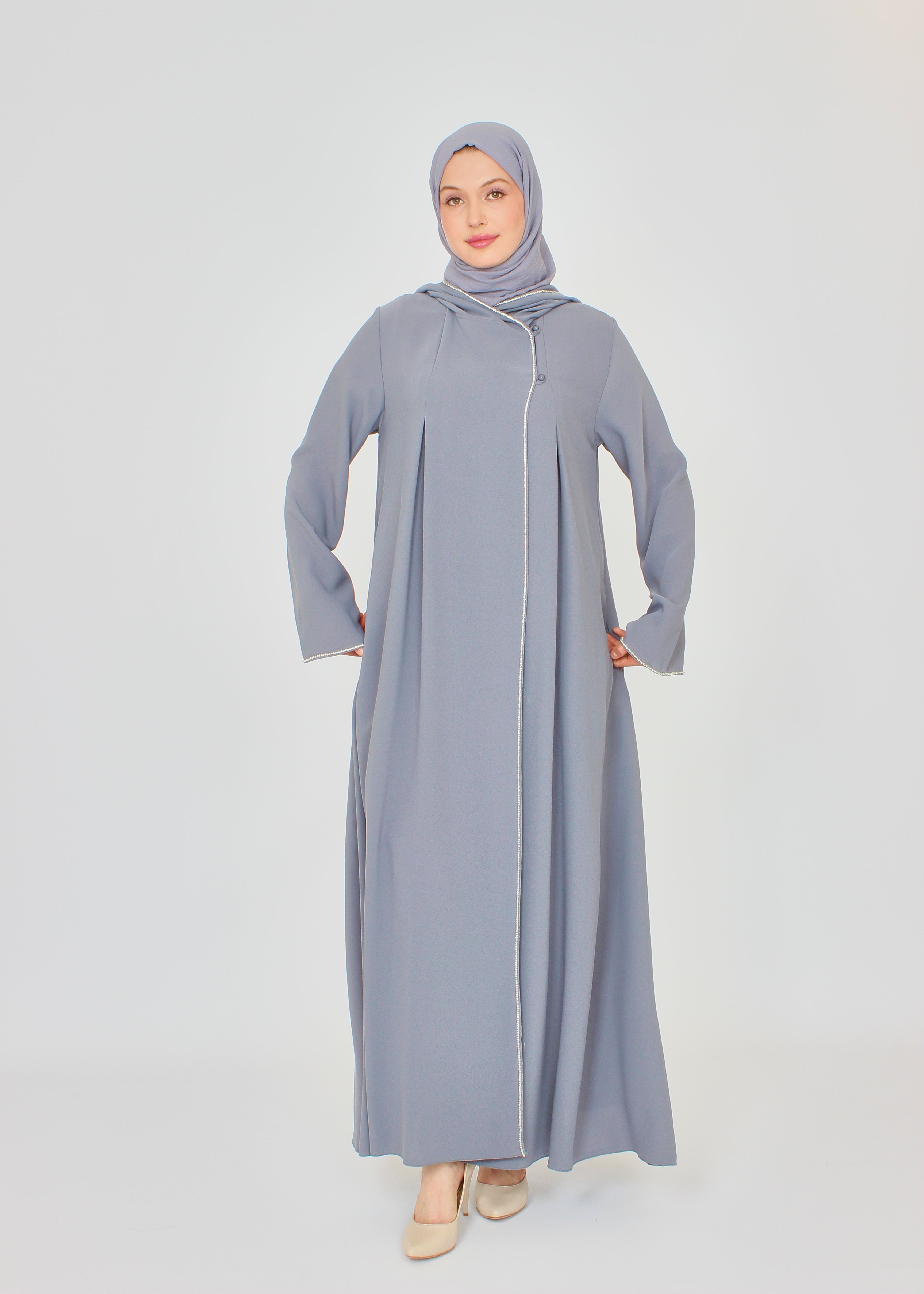 Şerit Taşlı Kapüşonlu Abaya Ferace Gri | 211424