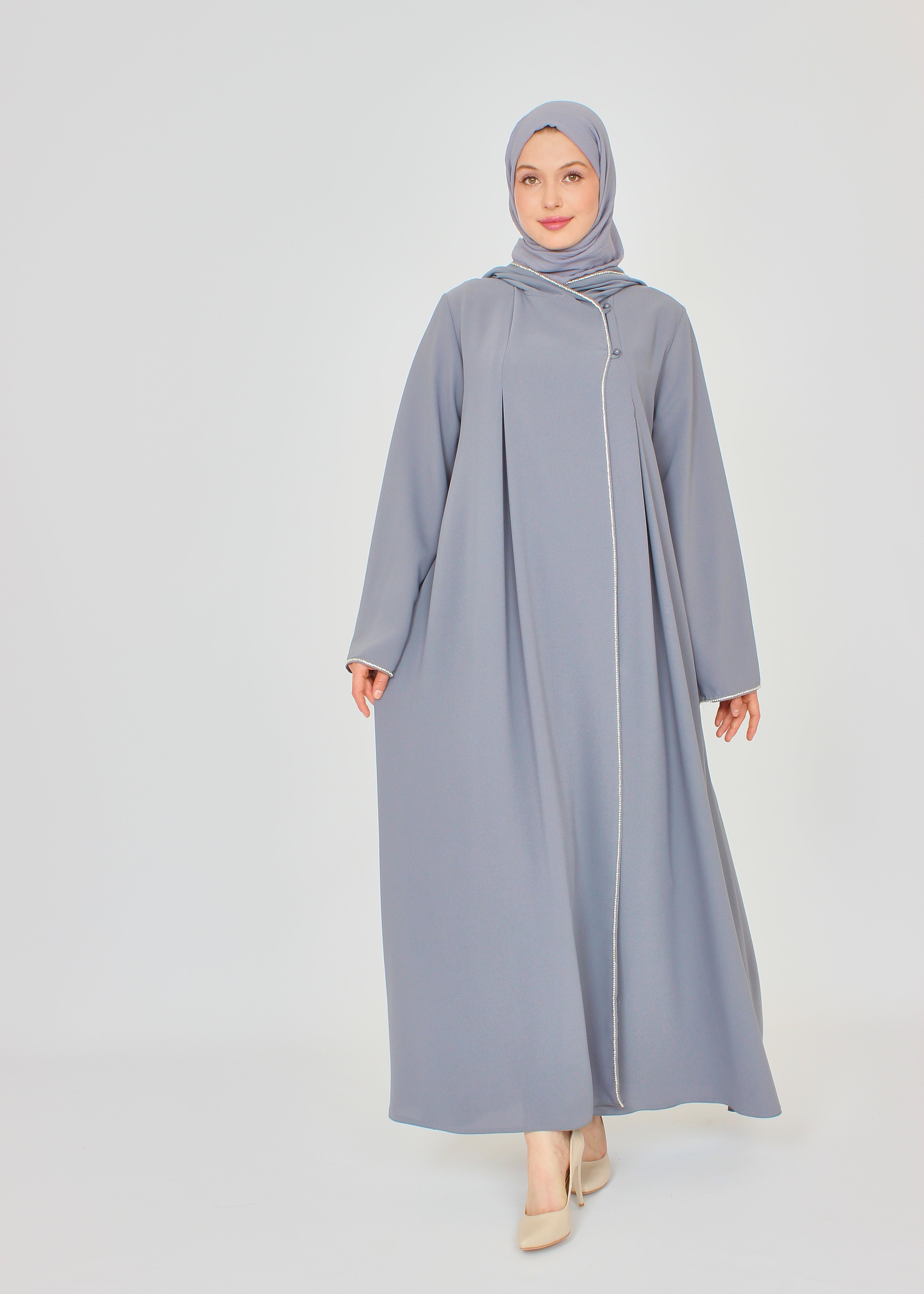 Şerit Taşlı Kapüşonlu Abaya Ferace Gri | 211424