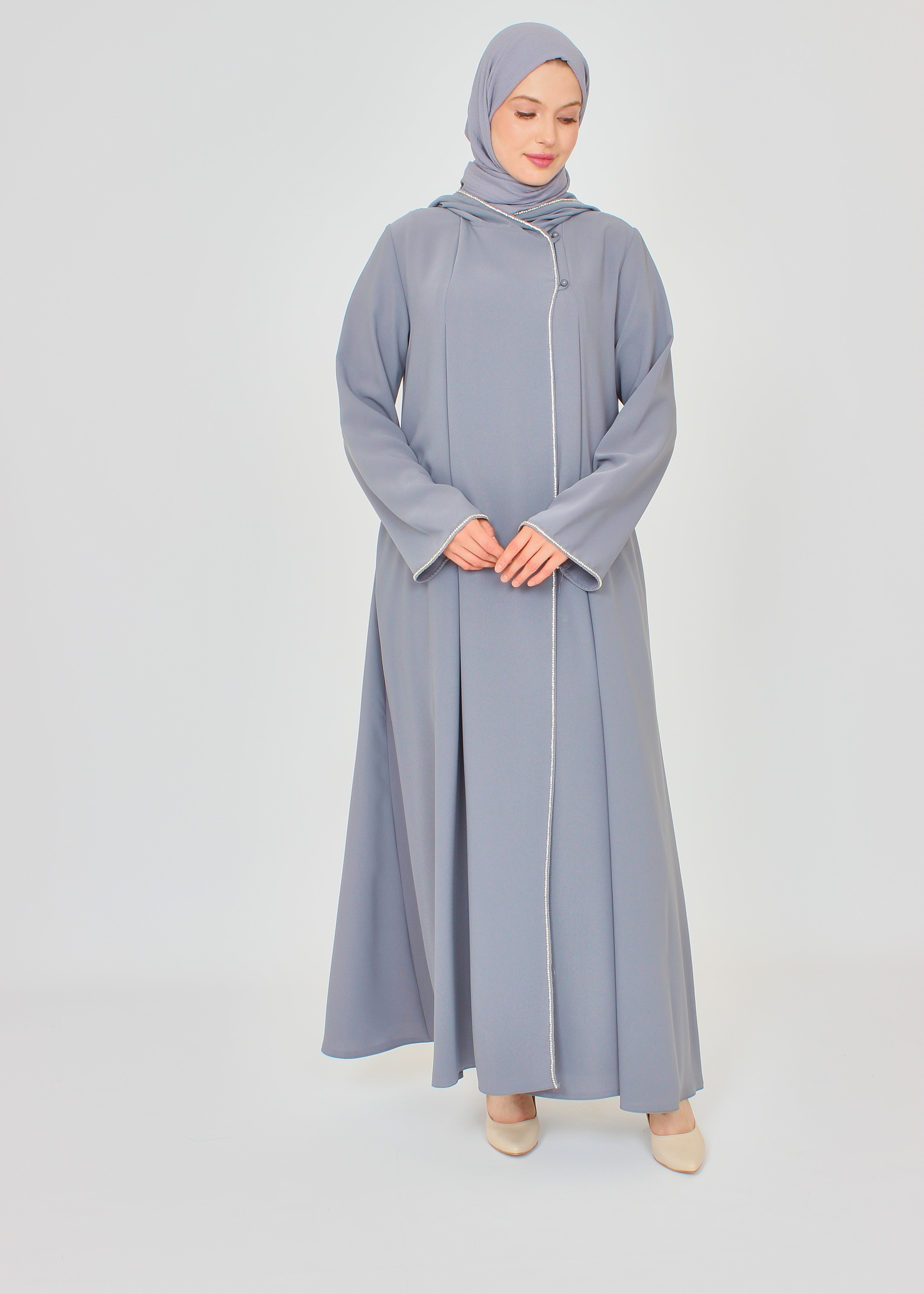 Şerit Taşlı Kapüşonlu Abaya Ferace Gri | 211424