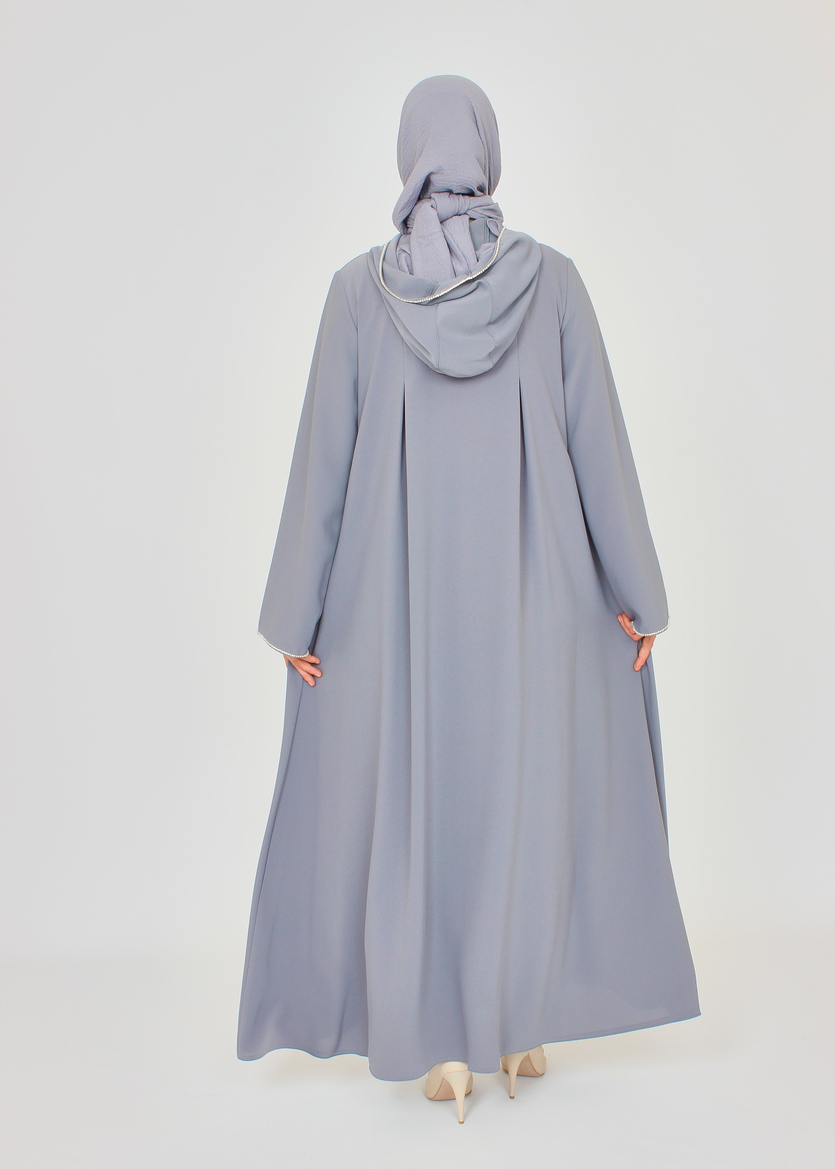 Şerit Taşlı Kapüşonlu Abaya Ferace Gri | 211424