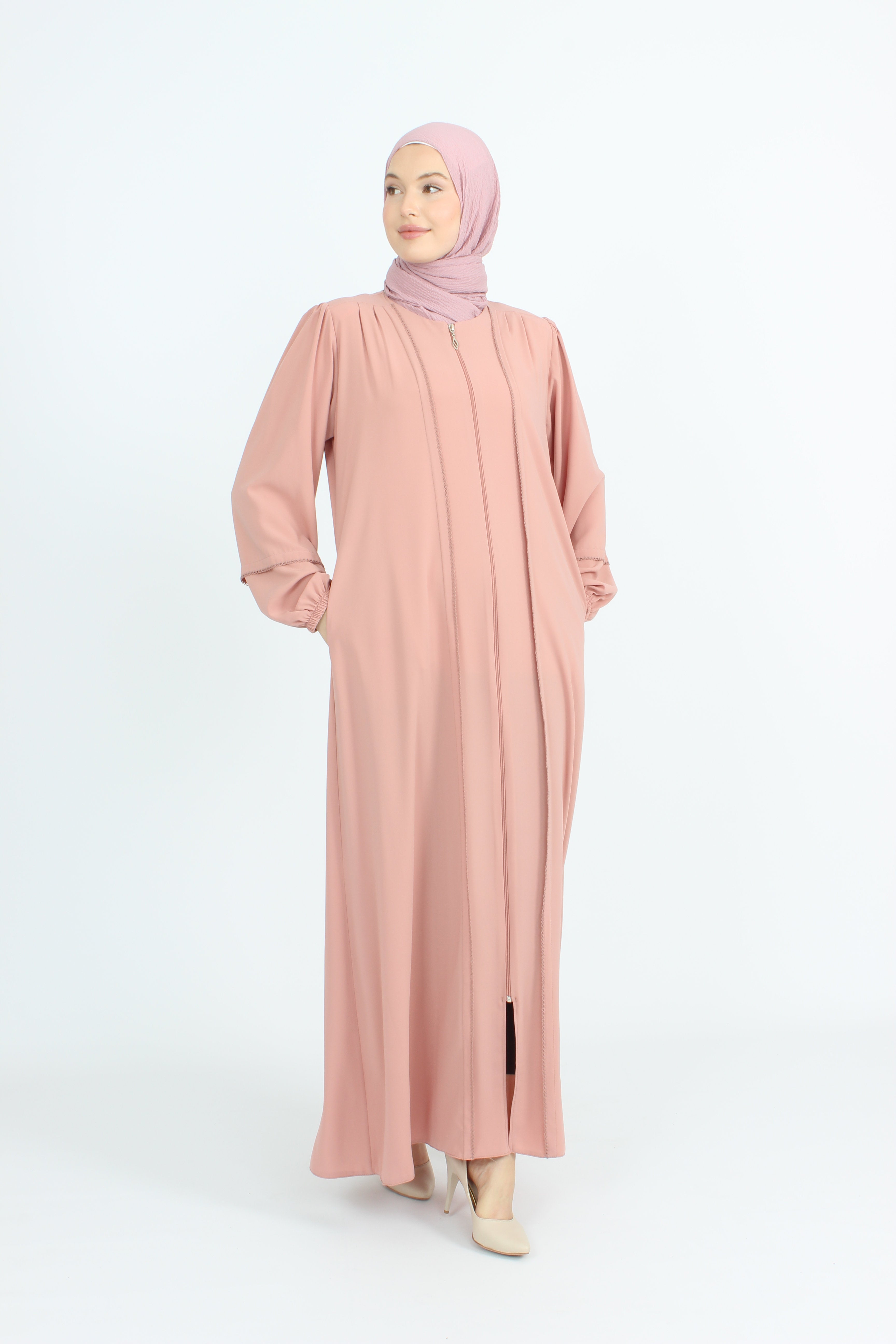 Önü ve Bilekleri Dantel İşlemeli Ferace Pembe | 21233