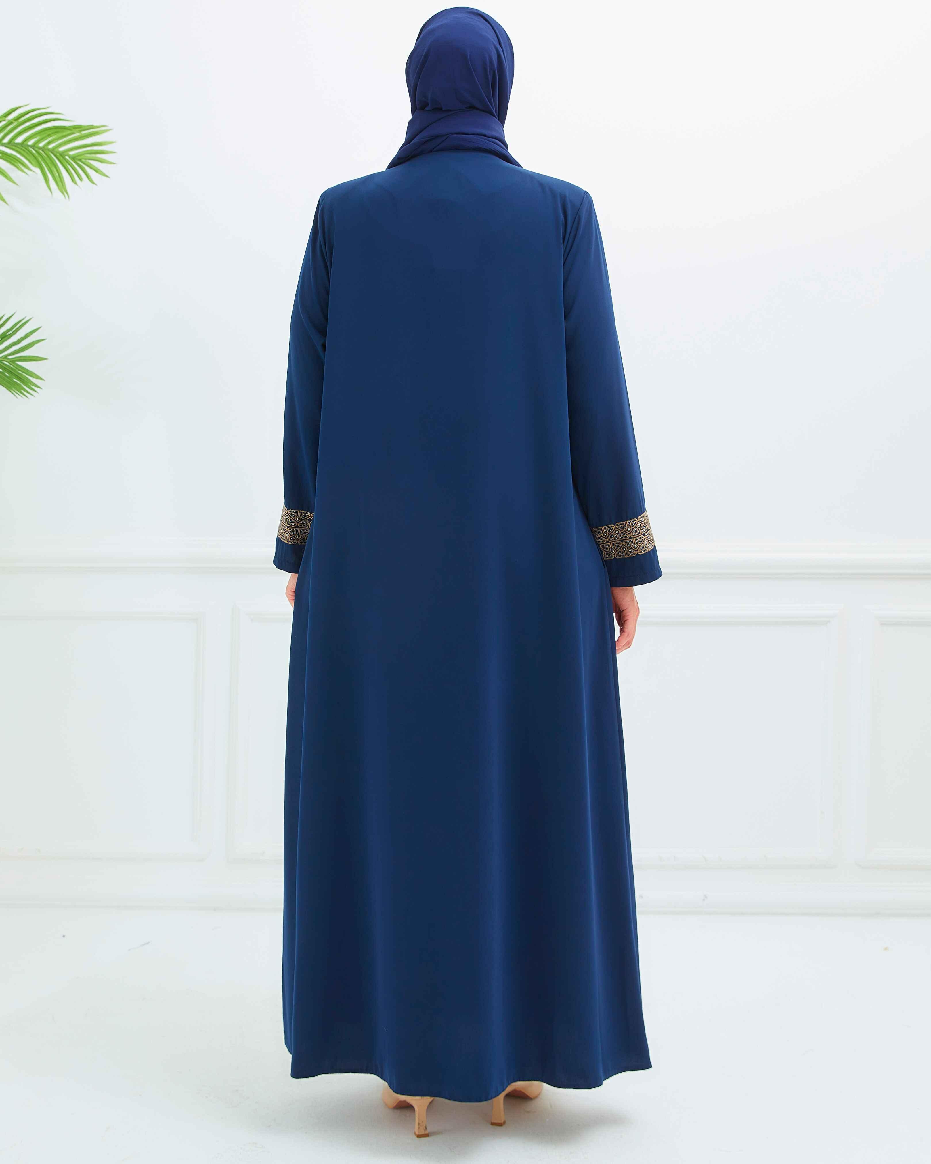 Önü Ve Bilekleri Nakışlı Büyük Beden Ferace Lacivert | 204195