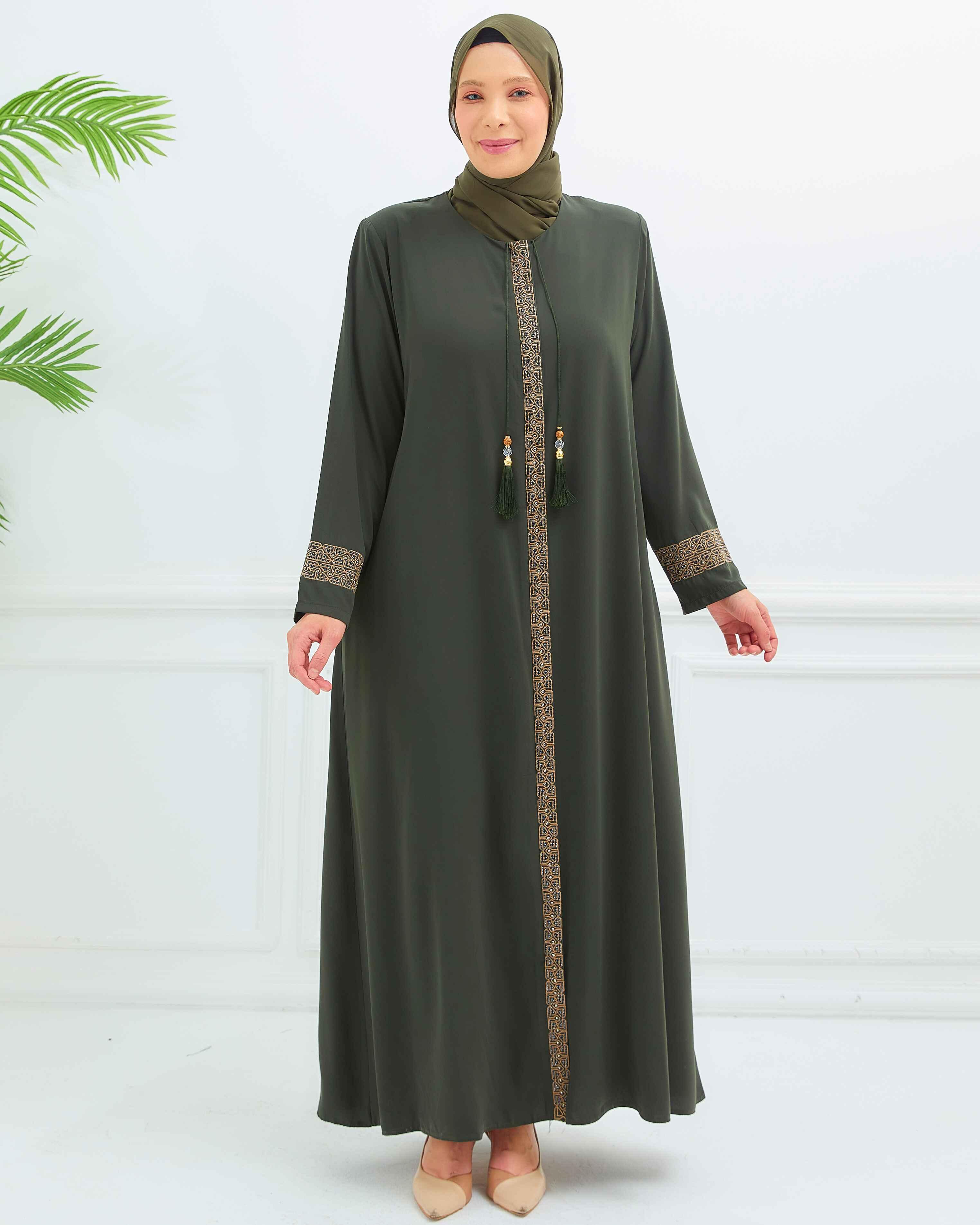 Önü Ve Bilekleri Nakışlı Büyük Beden Ferace Haki | 204199