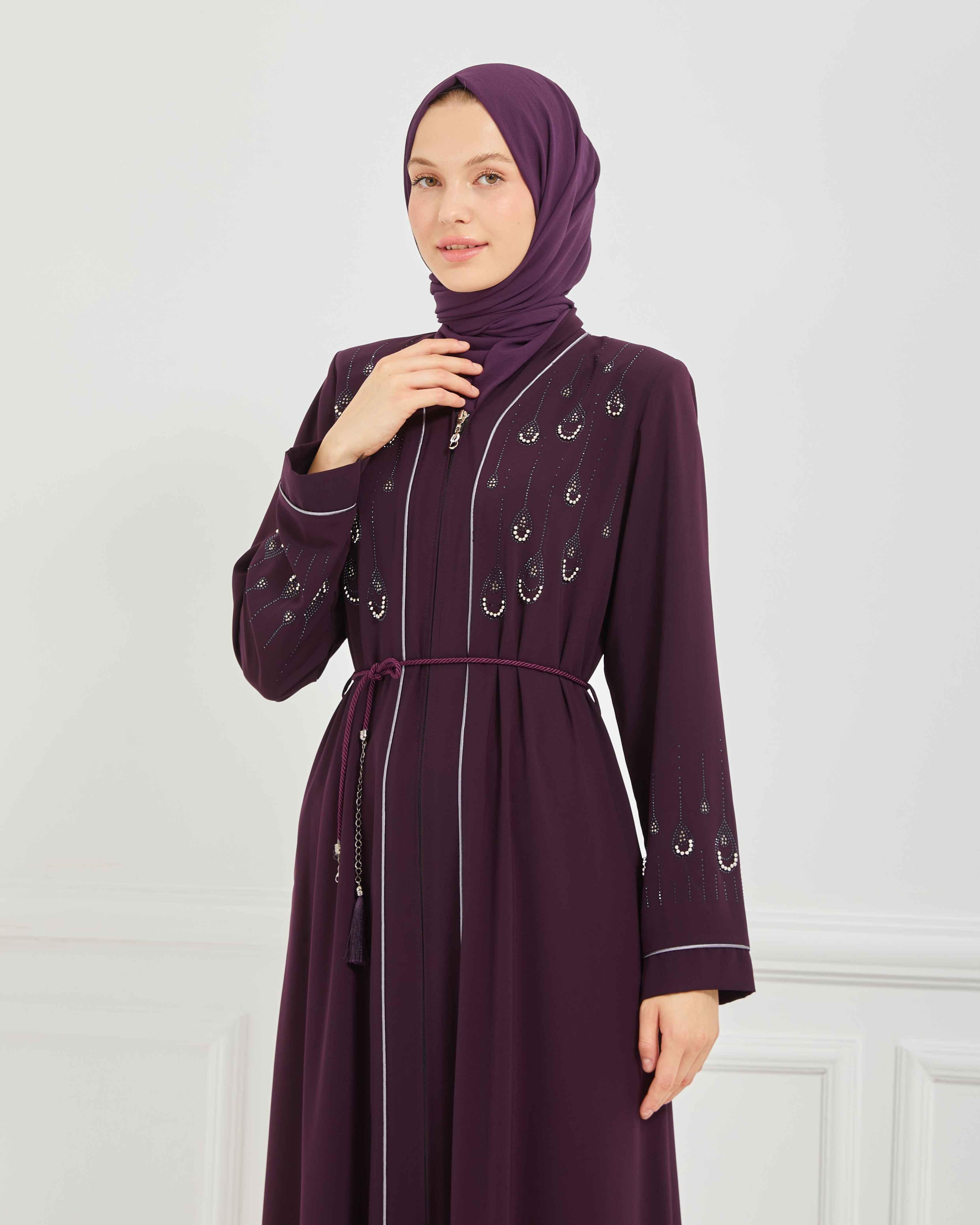 Taş Detaylı Biyeli Abaya Ferace Mürdüm | 206788