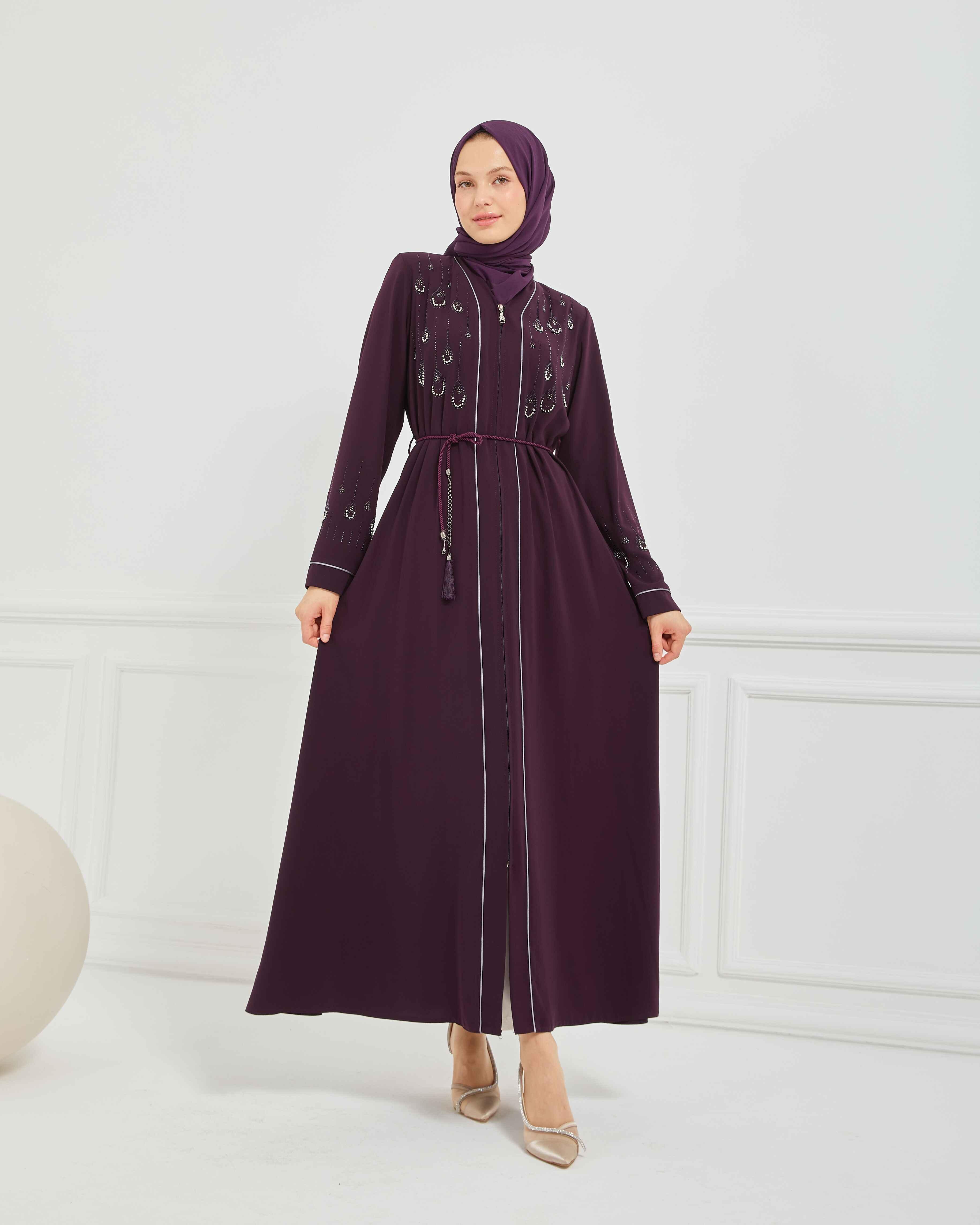 Taş Detaylı Biyeli Abaya Ferace Mürdüm | 206788