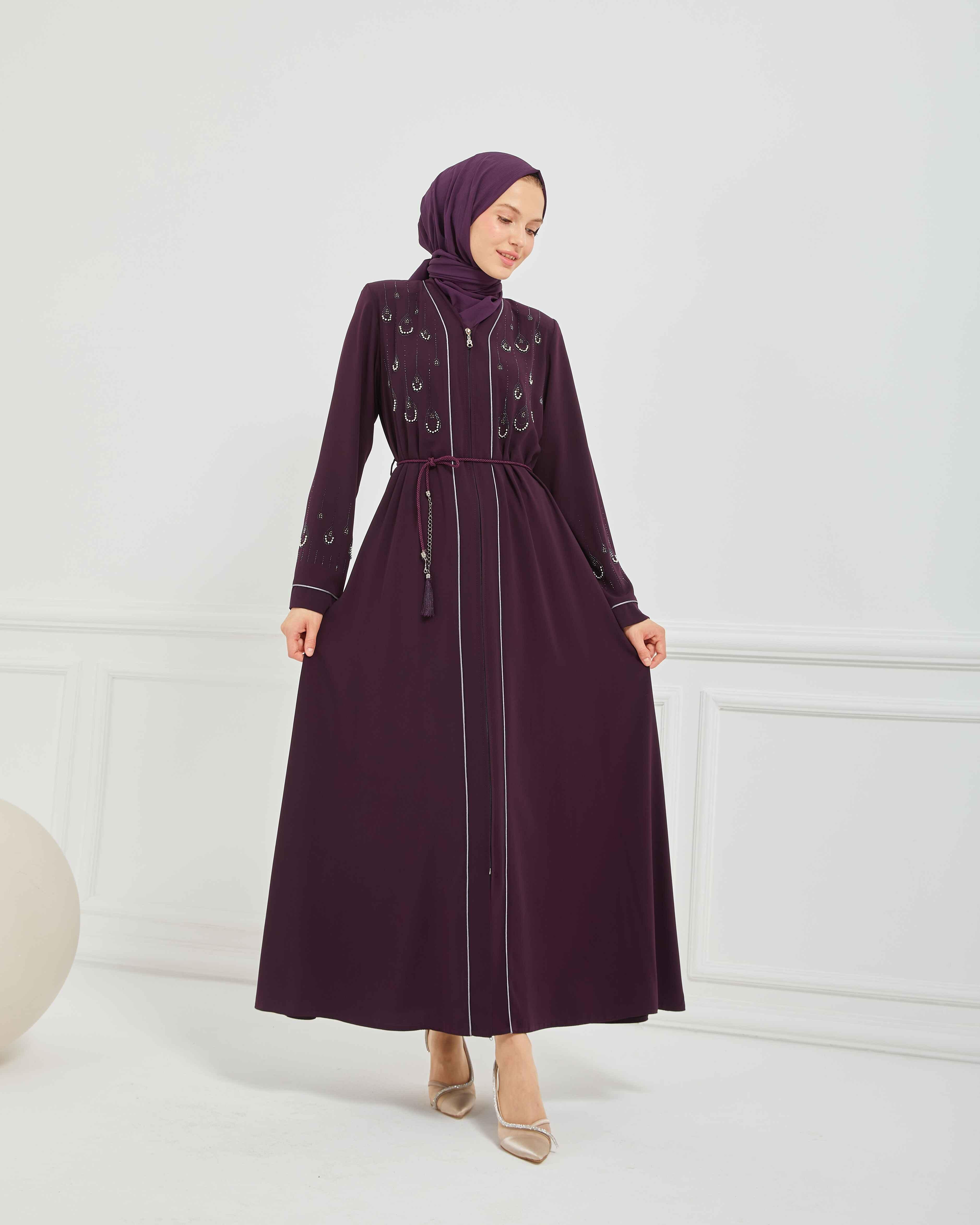 Taş Detaylı Biyeli Abaya Ferace Mürdüm | 206788