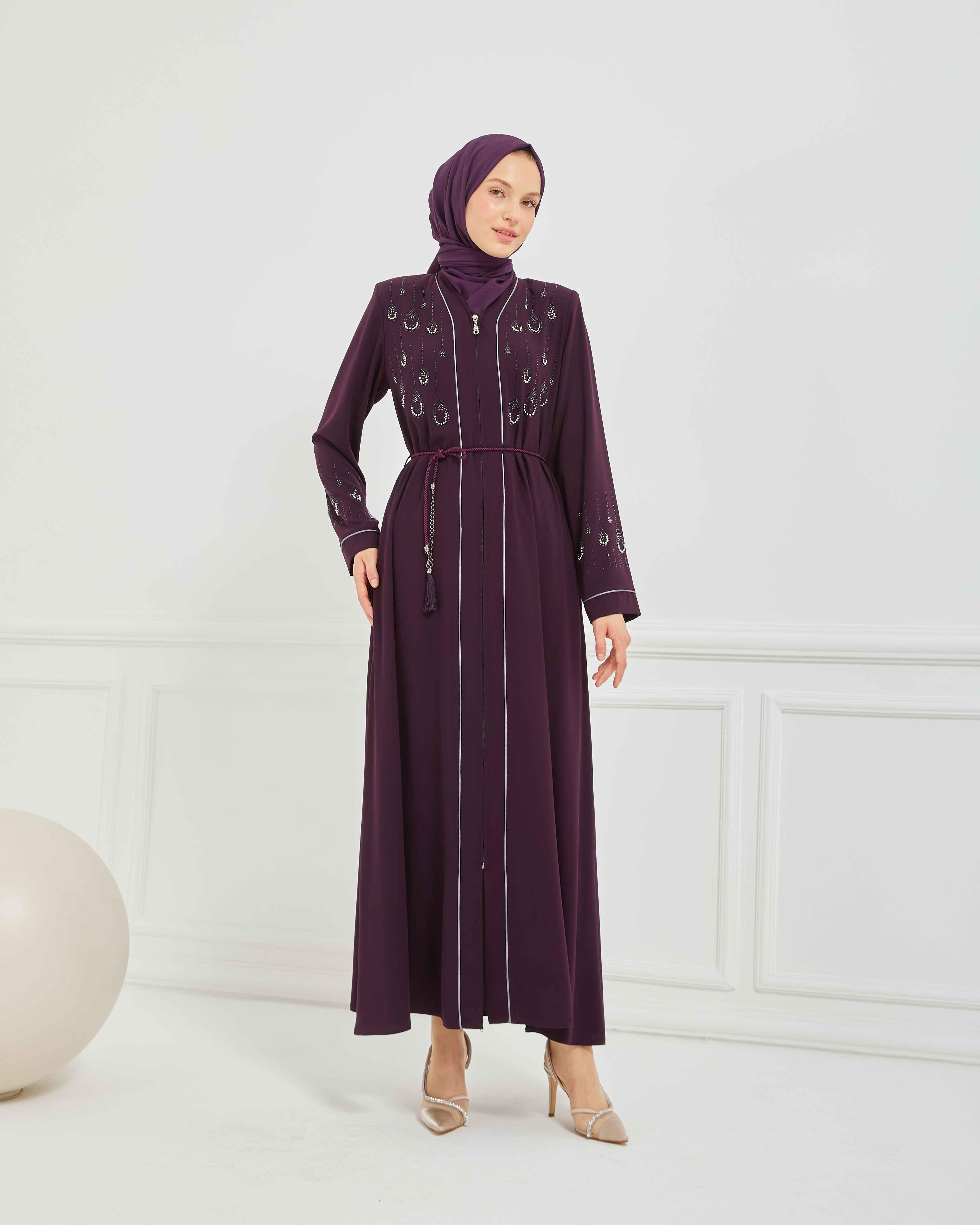 Taş Detaylı Biyeli Abaya Ferace Mürdüm | 206788