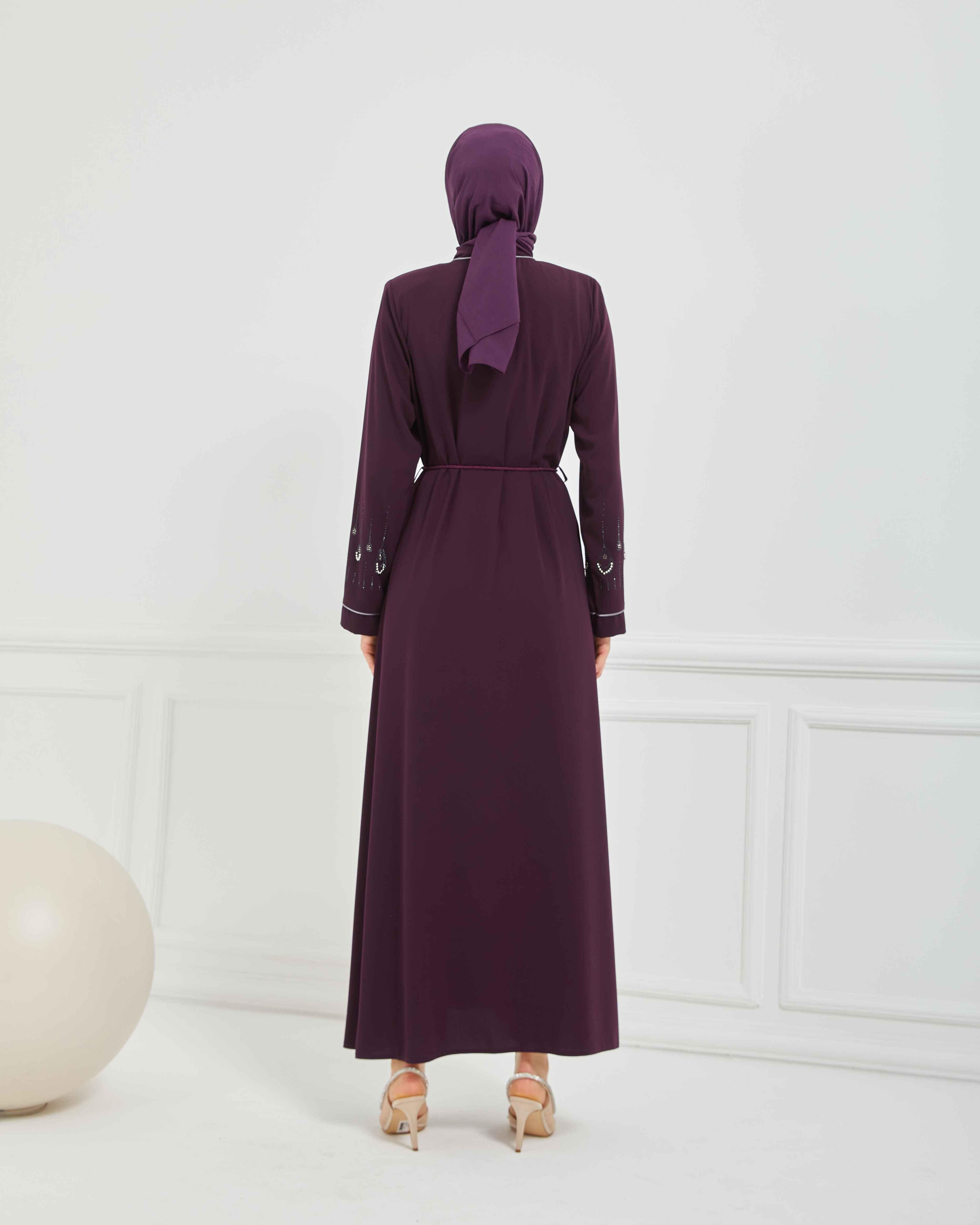 Taş Detaylı Biyeli Abaya Ferace Mürdüm | 206788