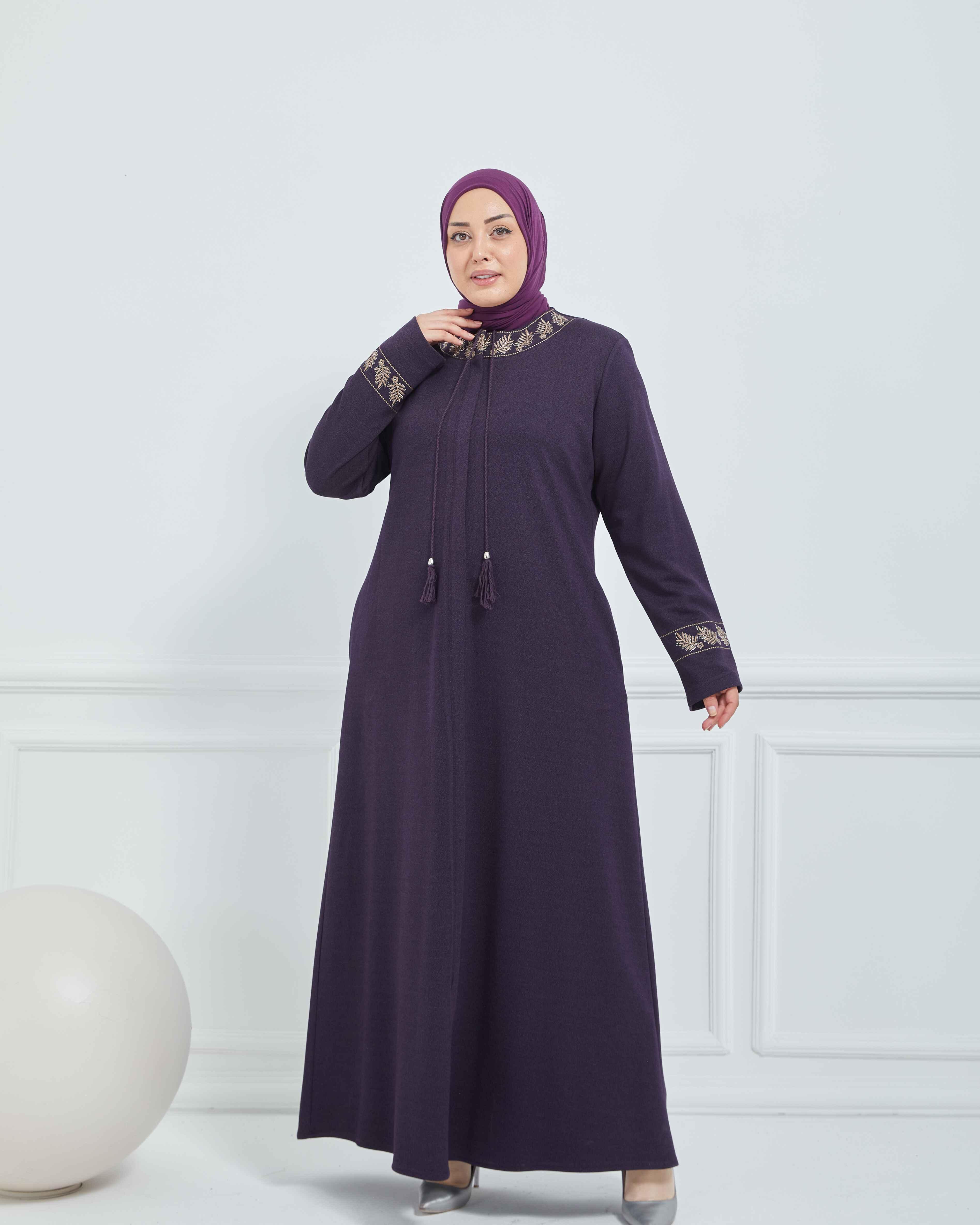 Yakası Ve Bilekleri Nakışlı Mevsimlik Ferace Mürdüm | K20968