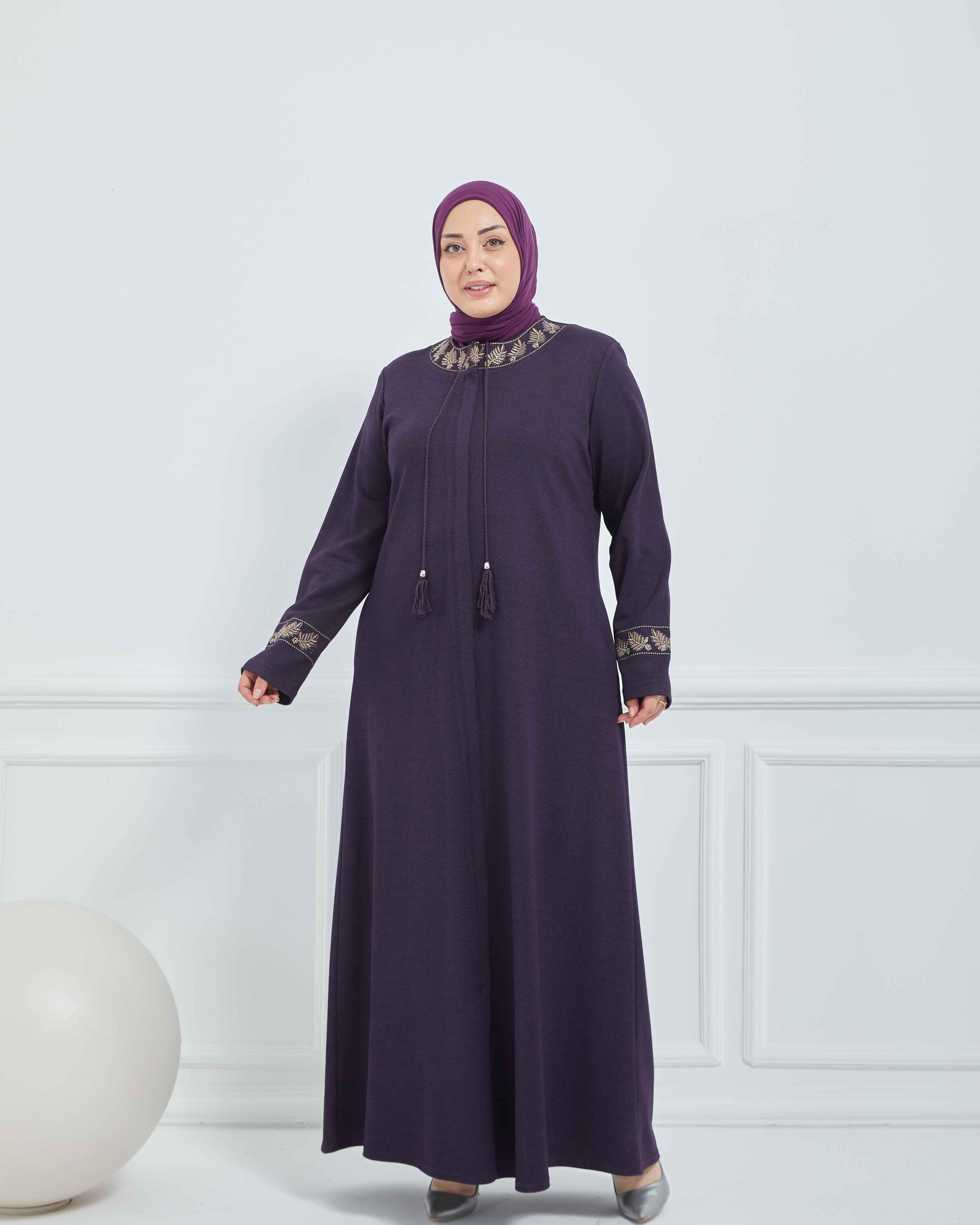 Yakası Ve Bilekleri Nakışlı Mevsimlik Ferace Mürdüm | K20968