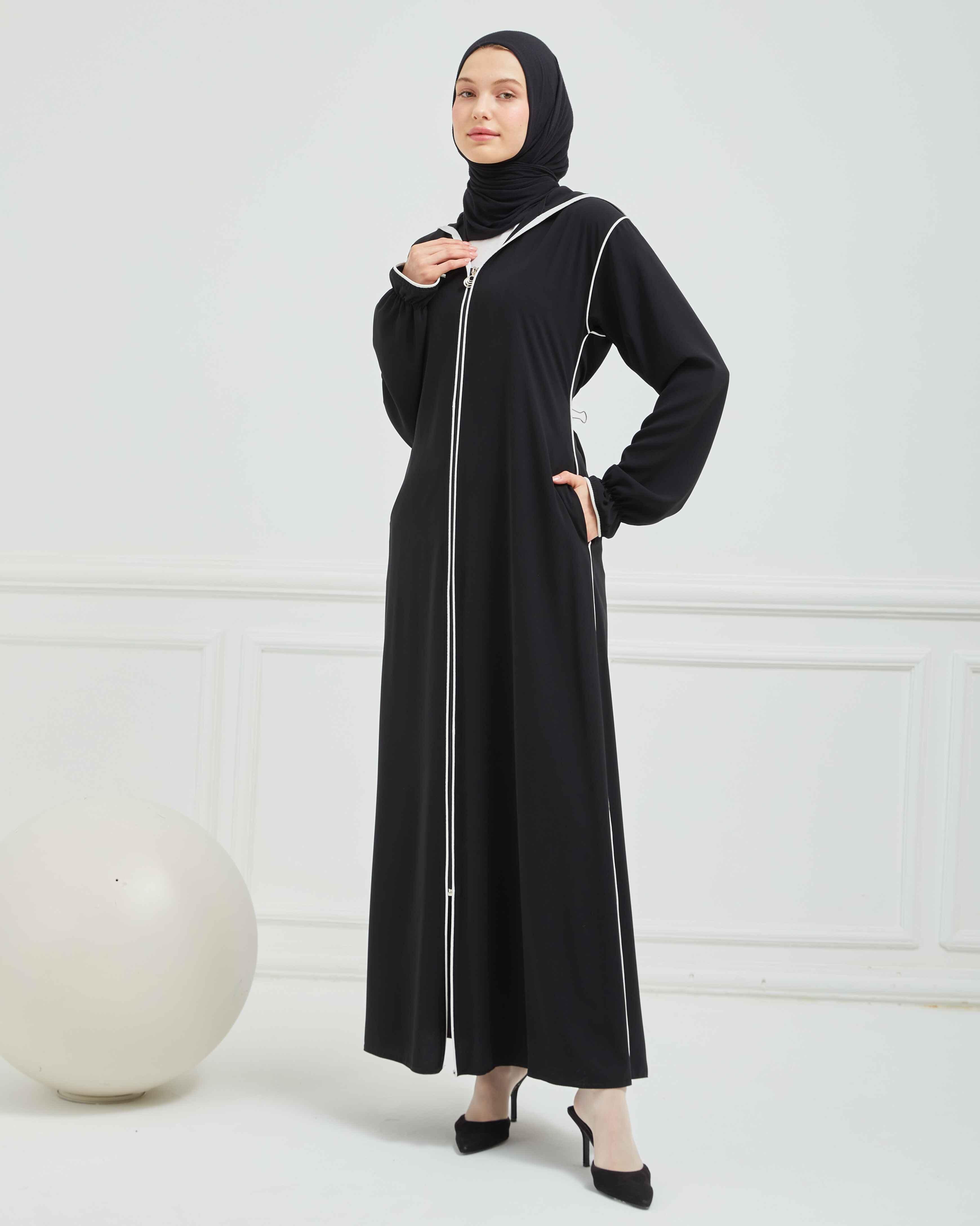 Kapşonlu ve Biyeli Ferace Siyah | 20951