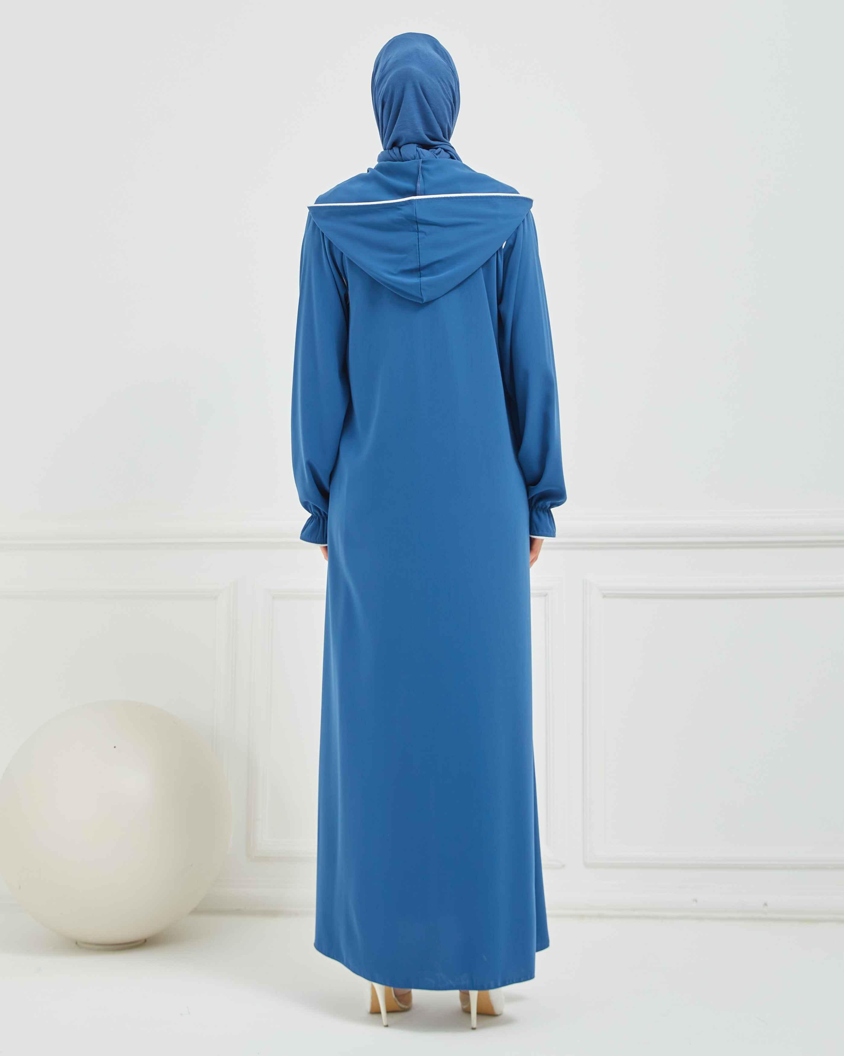 Kapşonlu ve Biyeli Ferace İndigo | 20956