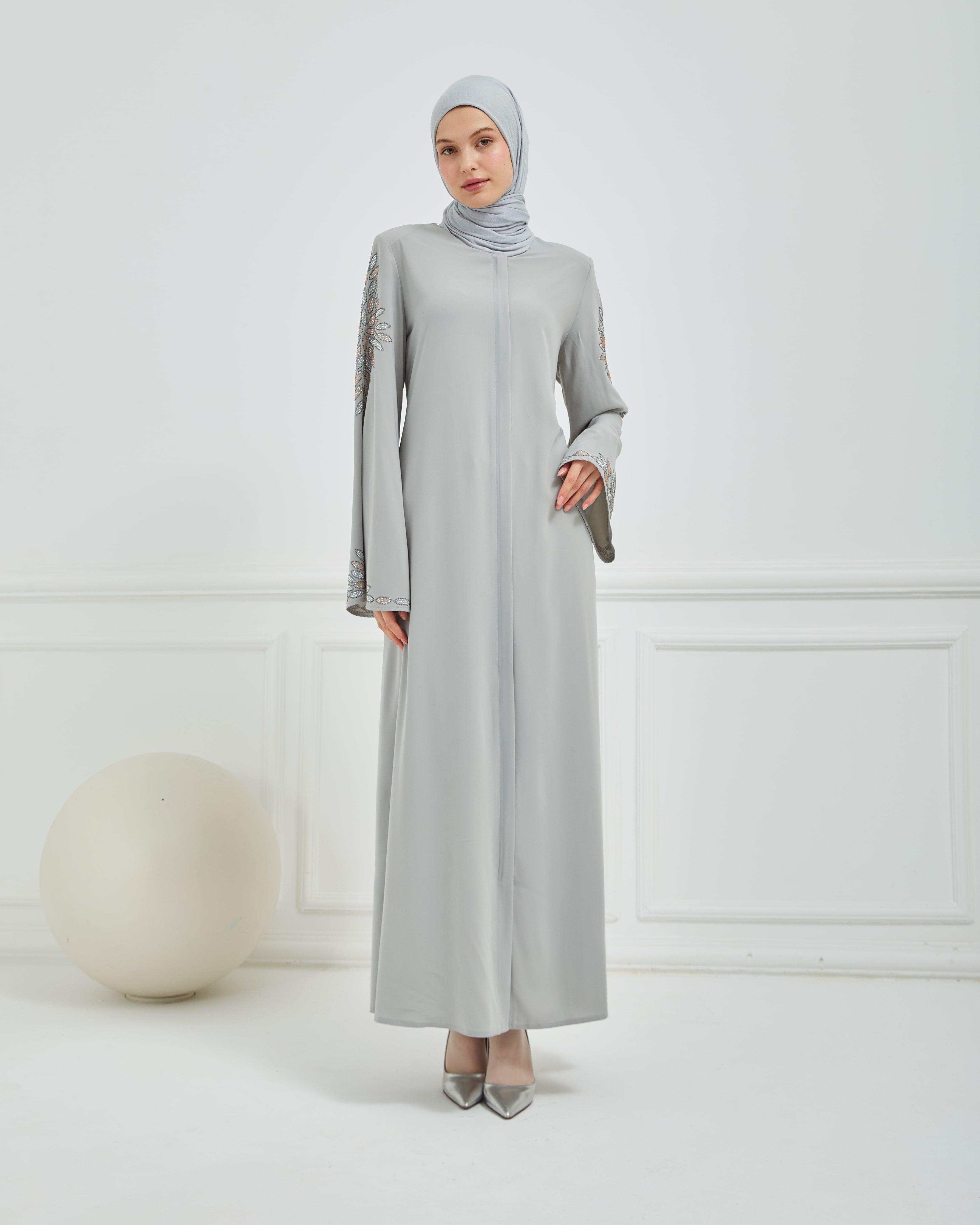 Kolları Taş Deseni İşlemeli Valon Kollu Ferace Gri | 2024724