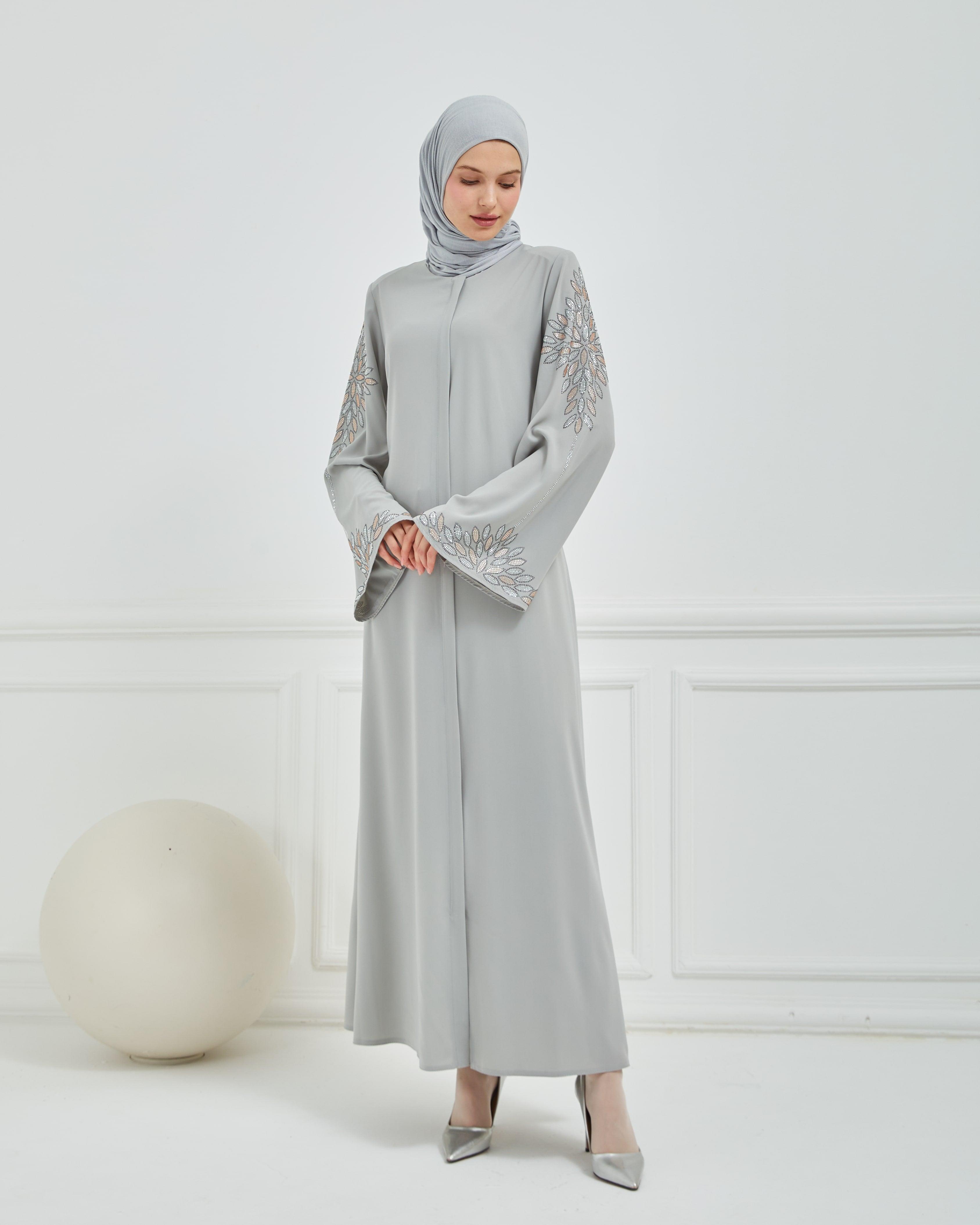 Kolları Taş Deseni İşlemeli Valon Kollu Ferace Gri | 2024724