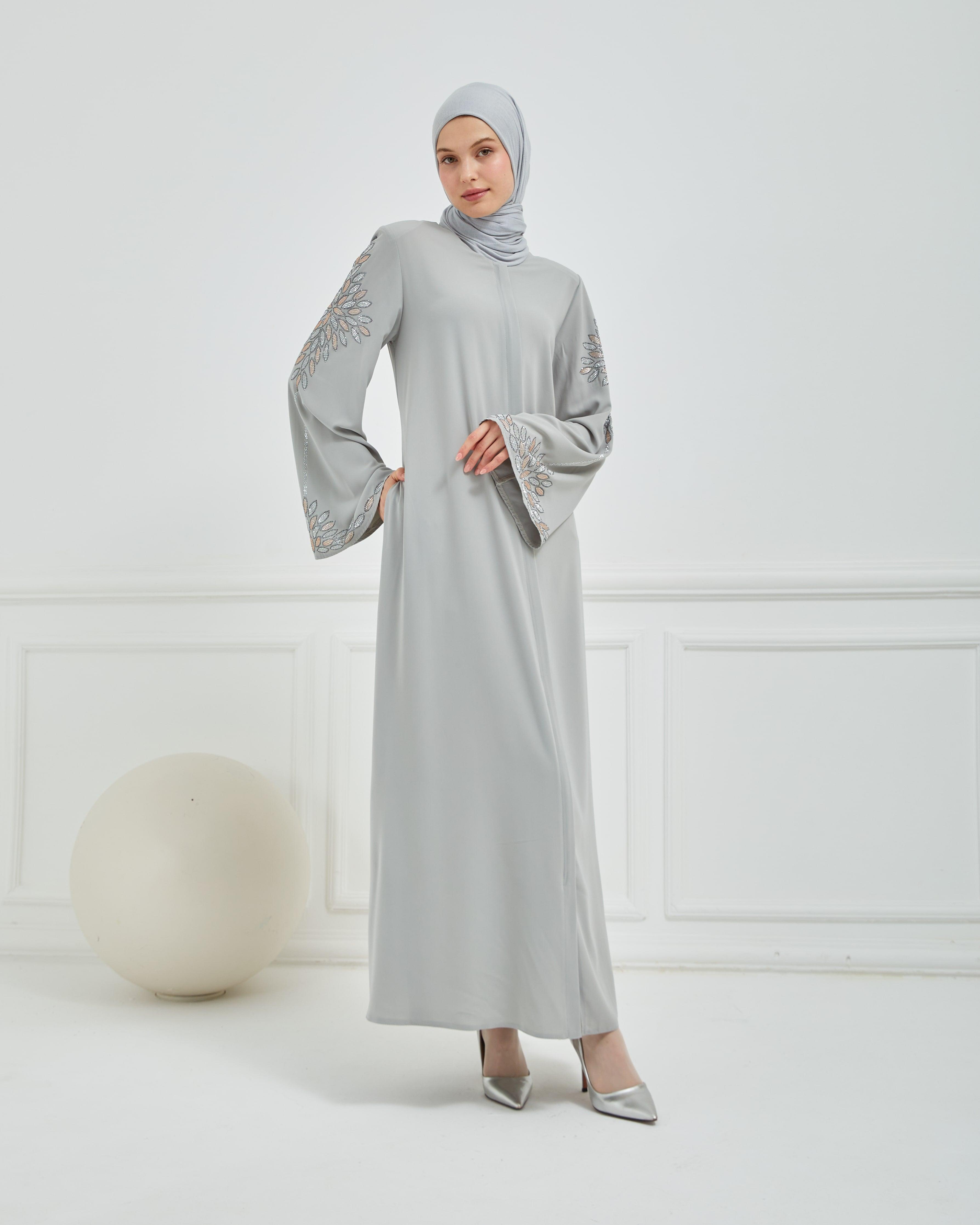 Kolları Taş Deseni İşlemeli Valon Kollu Ferace Gri | 2024724