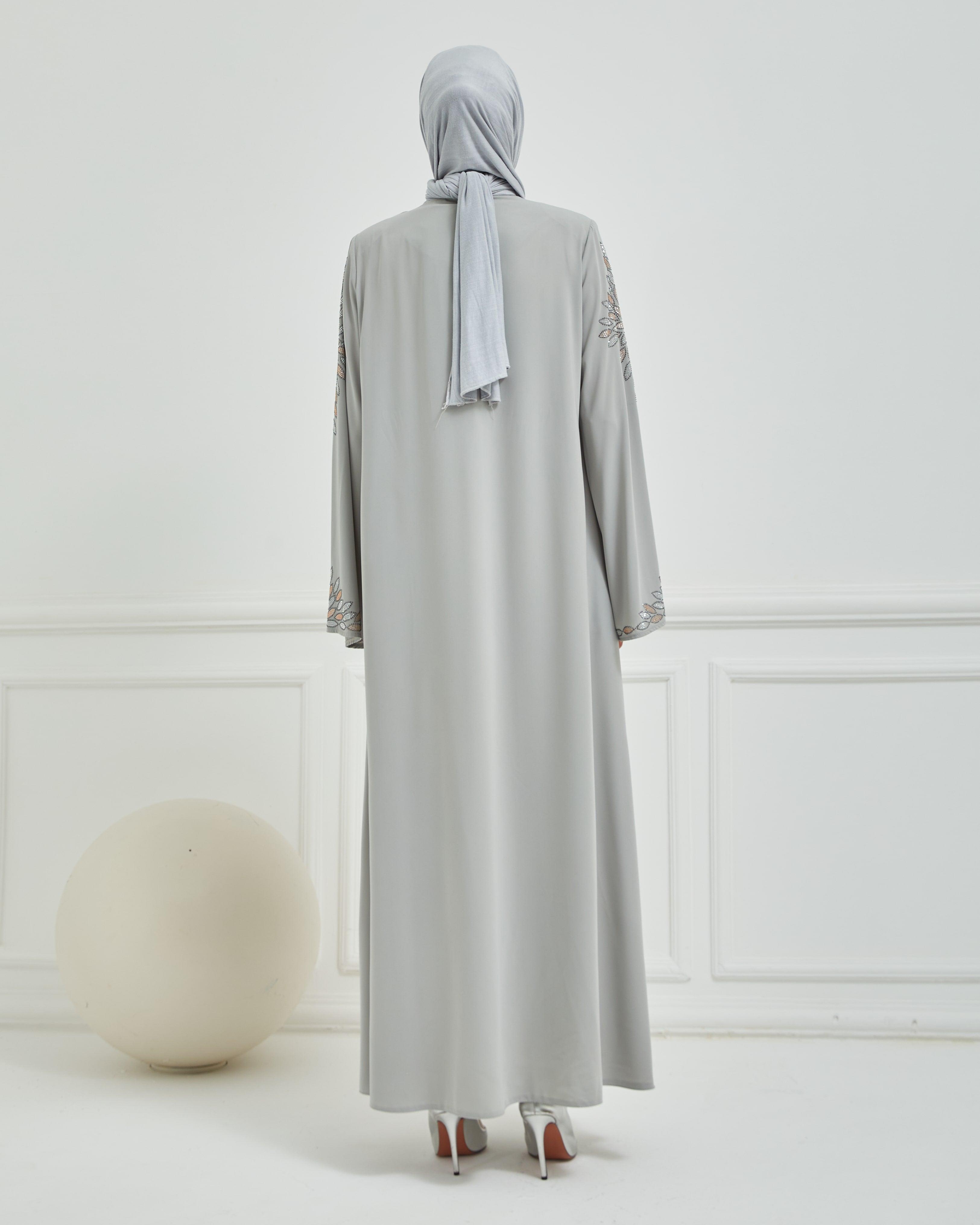 Kolları Taş Deseni İşlemeli Valon Kollu Ferace Gri | 2024724