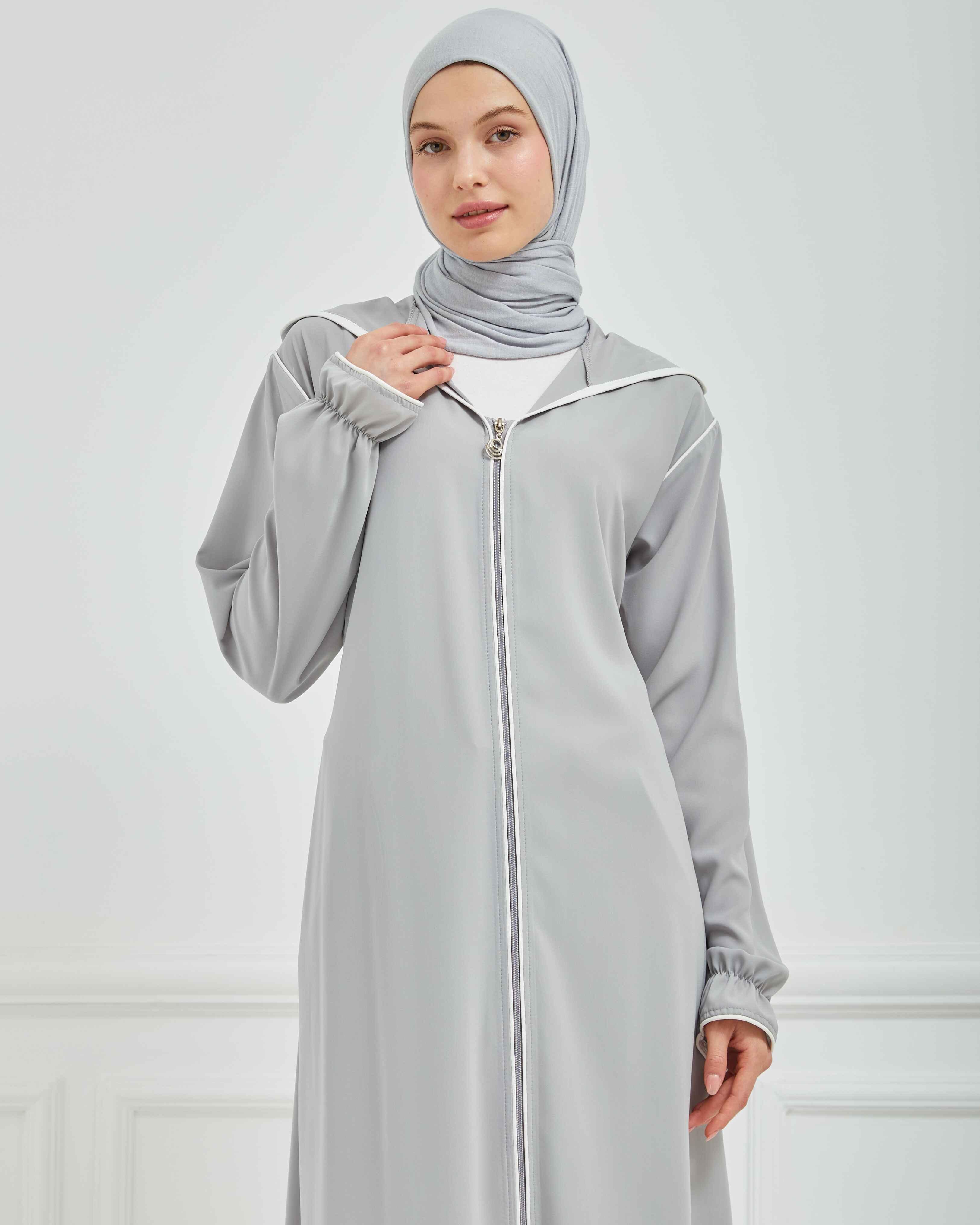 Kapşonlu ve Biyeli Ferace Gri | 209524