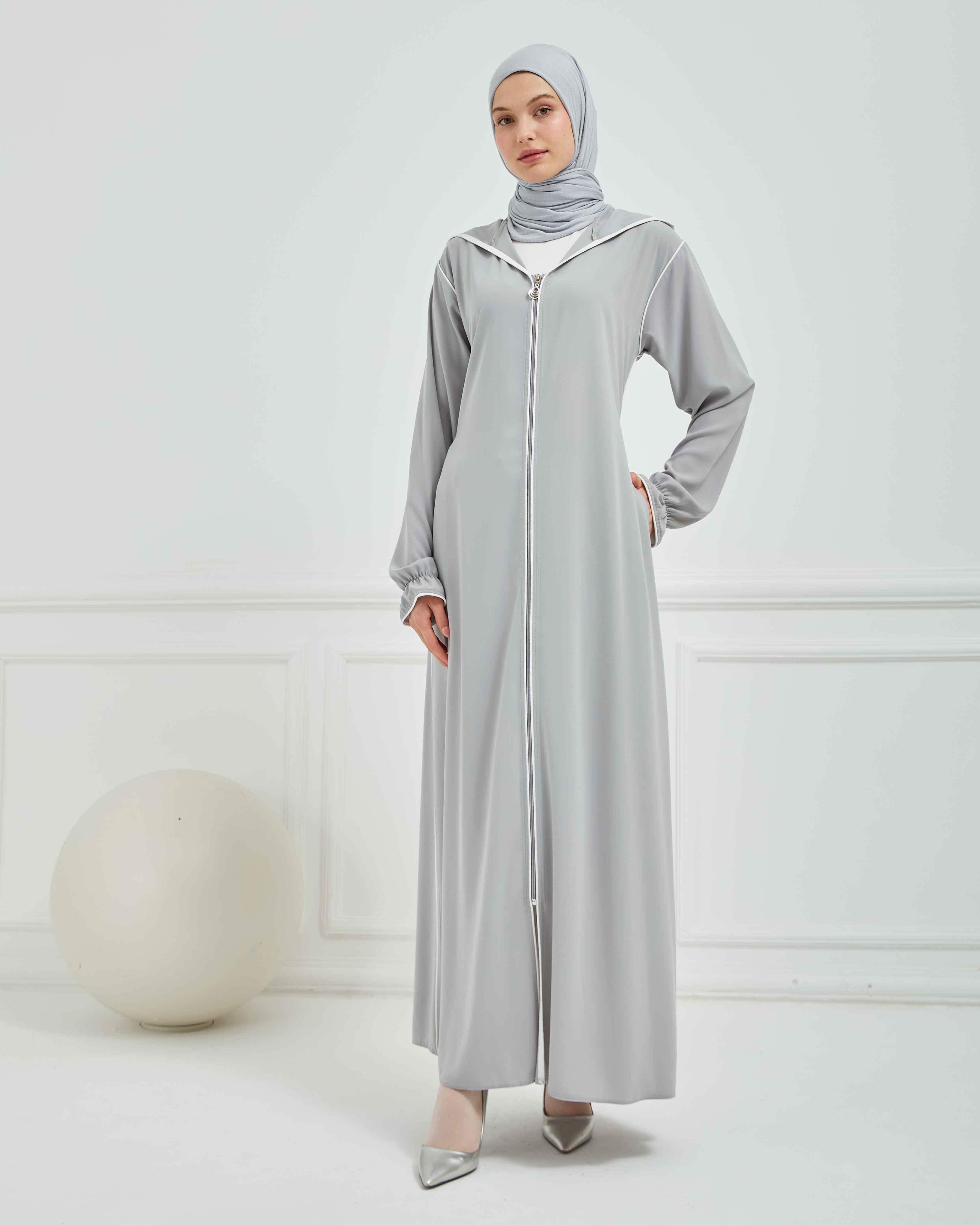 Kapşonlu ve Biyeli Ferace Gri | 209524