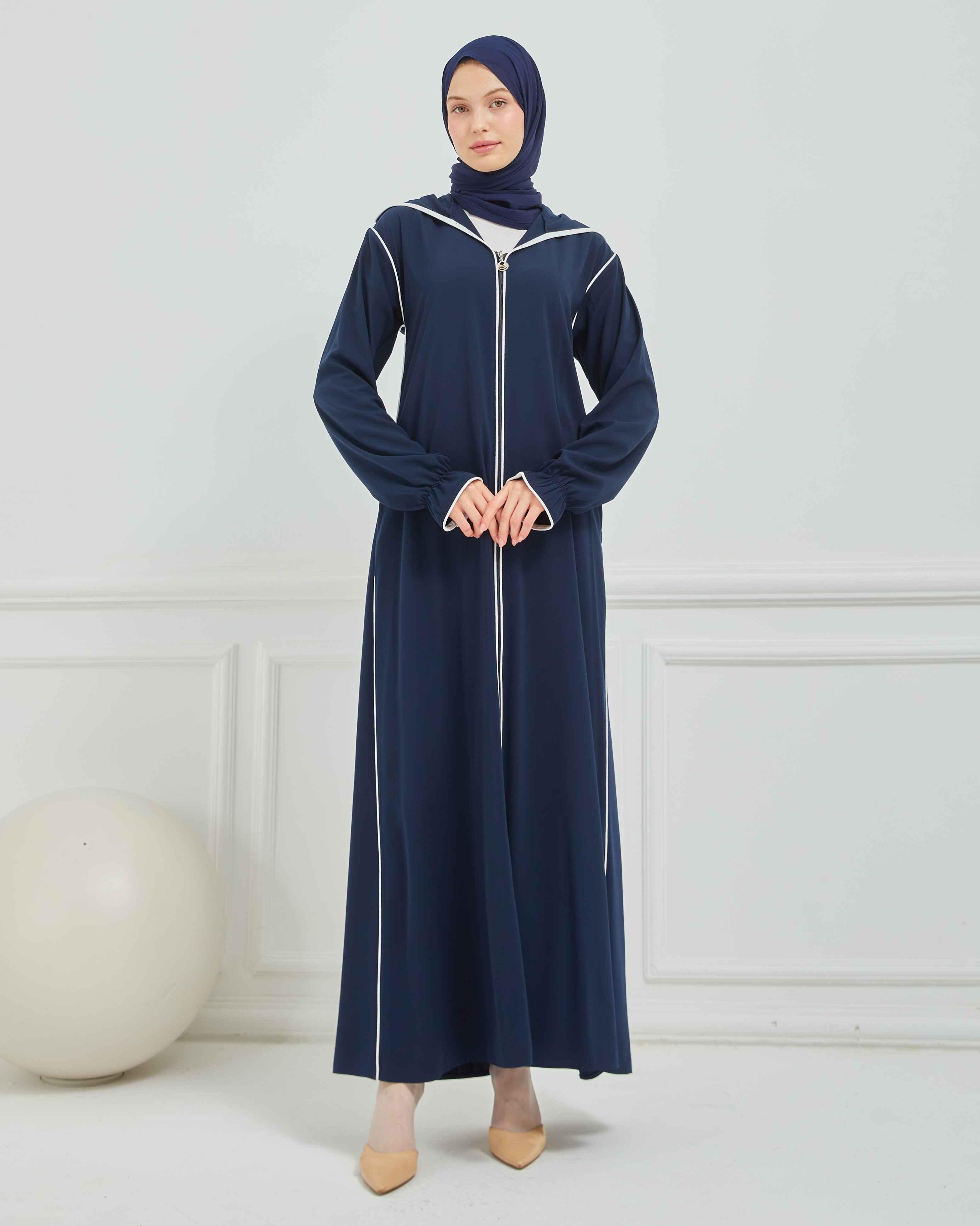 Kapşonlu ve Biyeli Ferace Lacivert | 20955