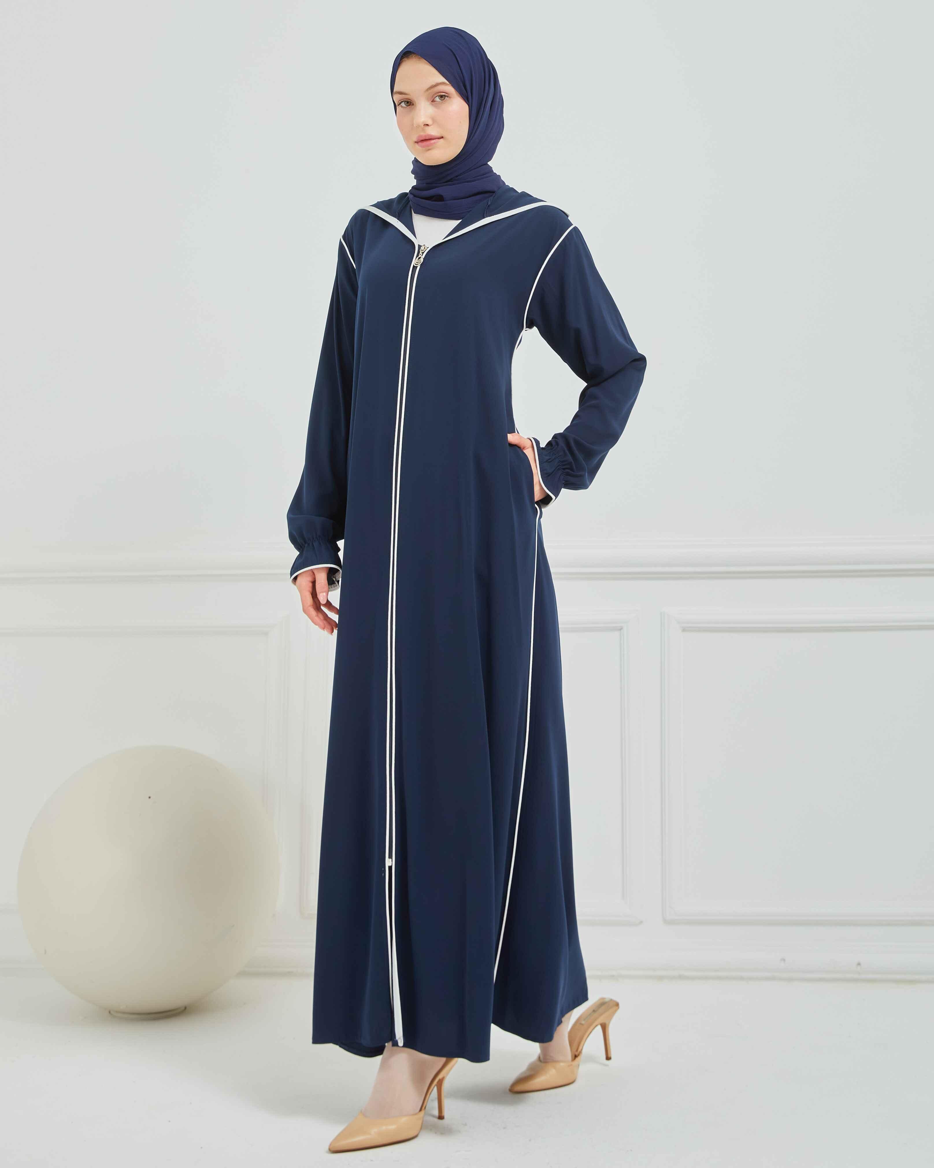 Kapşonlu ve Biyeli Ferace Lacivert | 20955