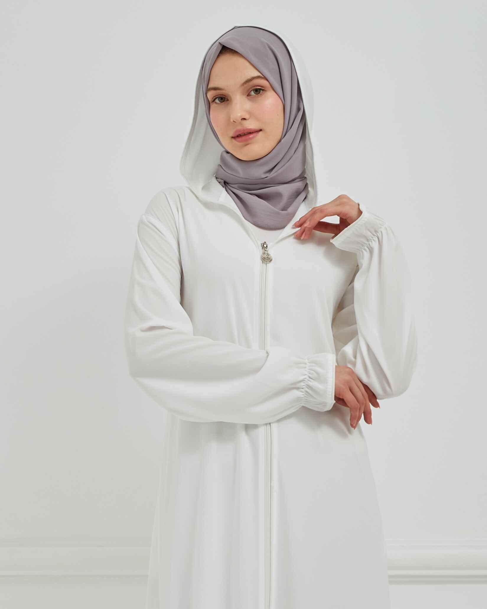 Kapşonlu ve Biyeli Ferace Beyaz | 20952