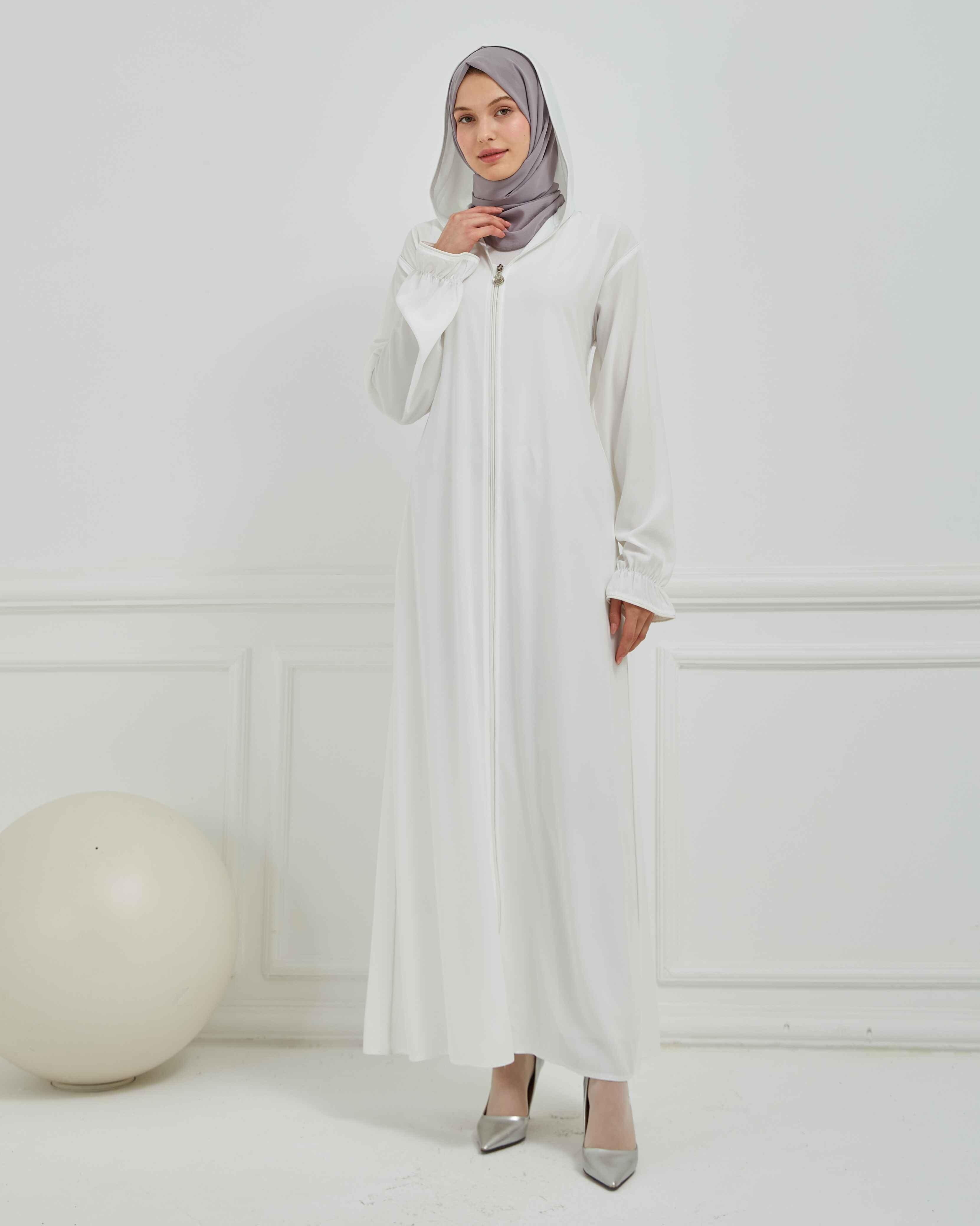 Kapşonlu ve Biyeli Ferace Beyaz | 20952