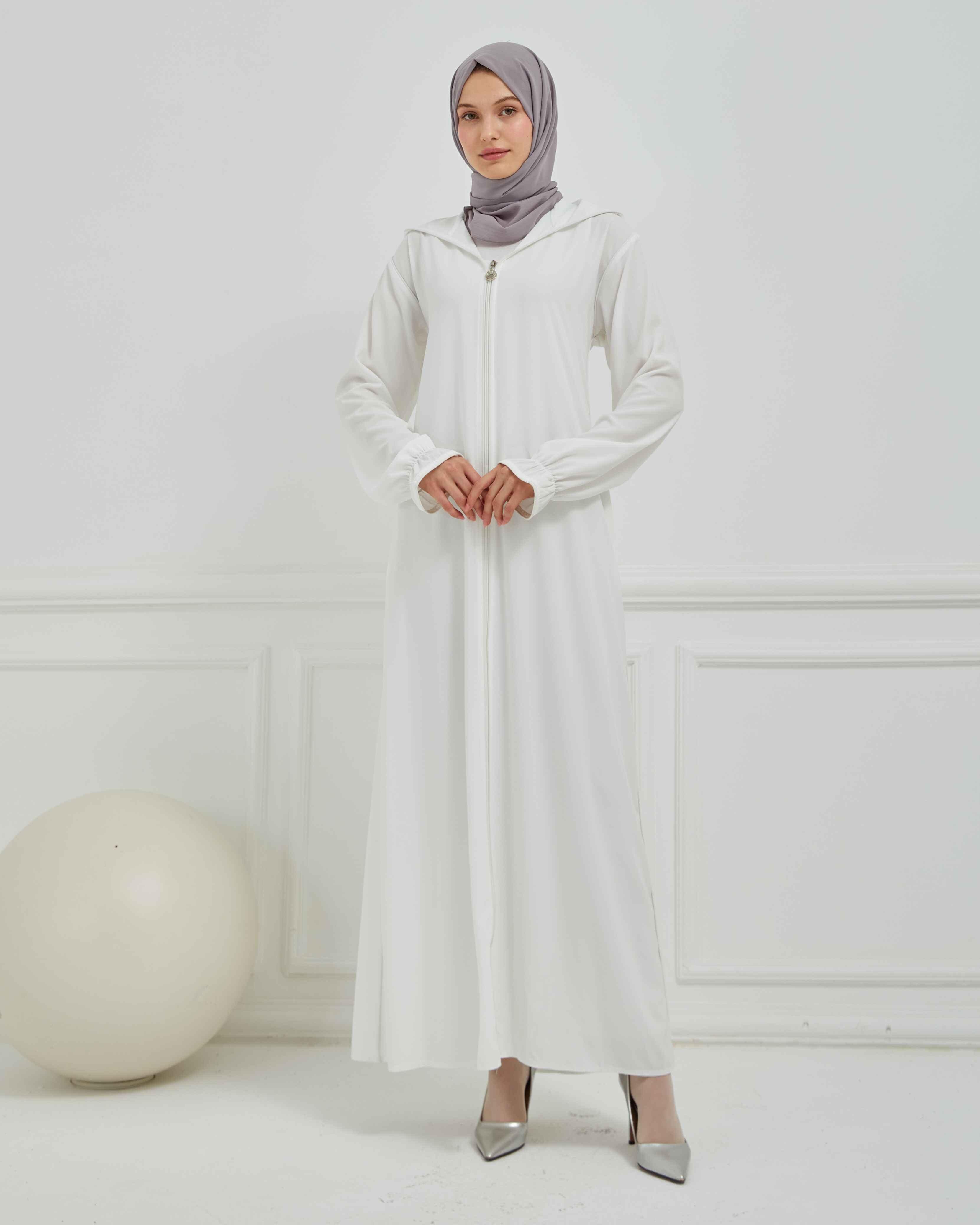 Kapşonlu ve Biyeli Ferace Beyaz | 20952