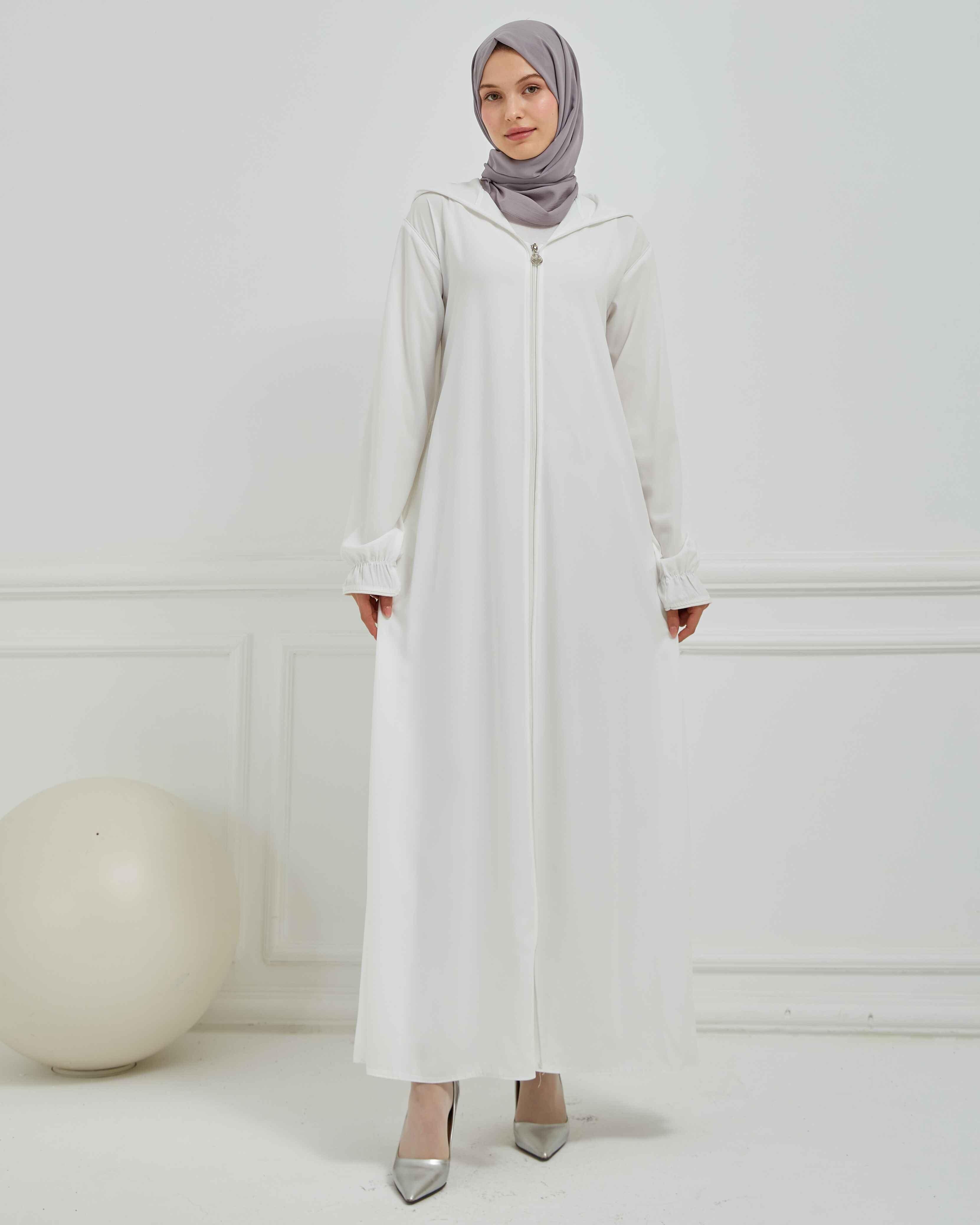 Kapşonlu ve Biyeli Ferace Beyaz | 20952