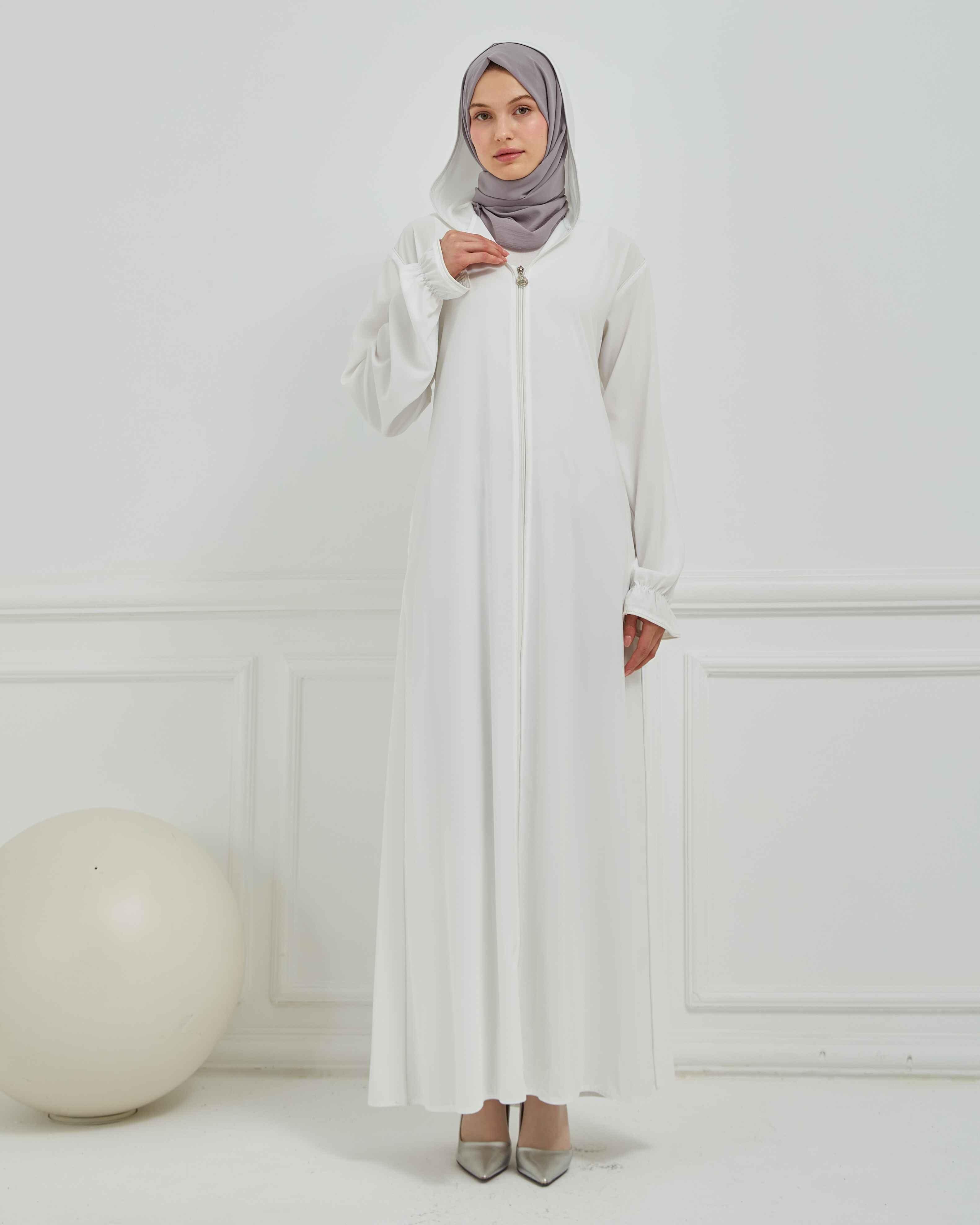 Kapşonlu ve Biyeli Ferace Beyaz | 20952