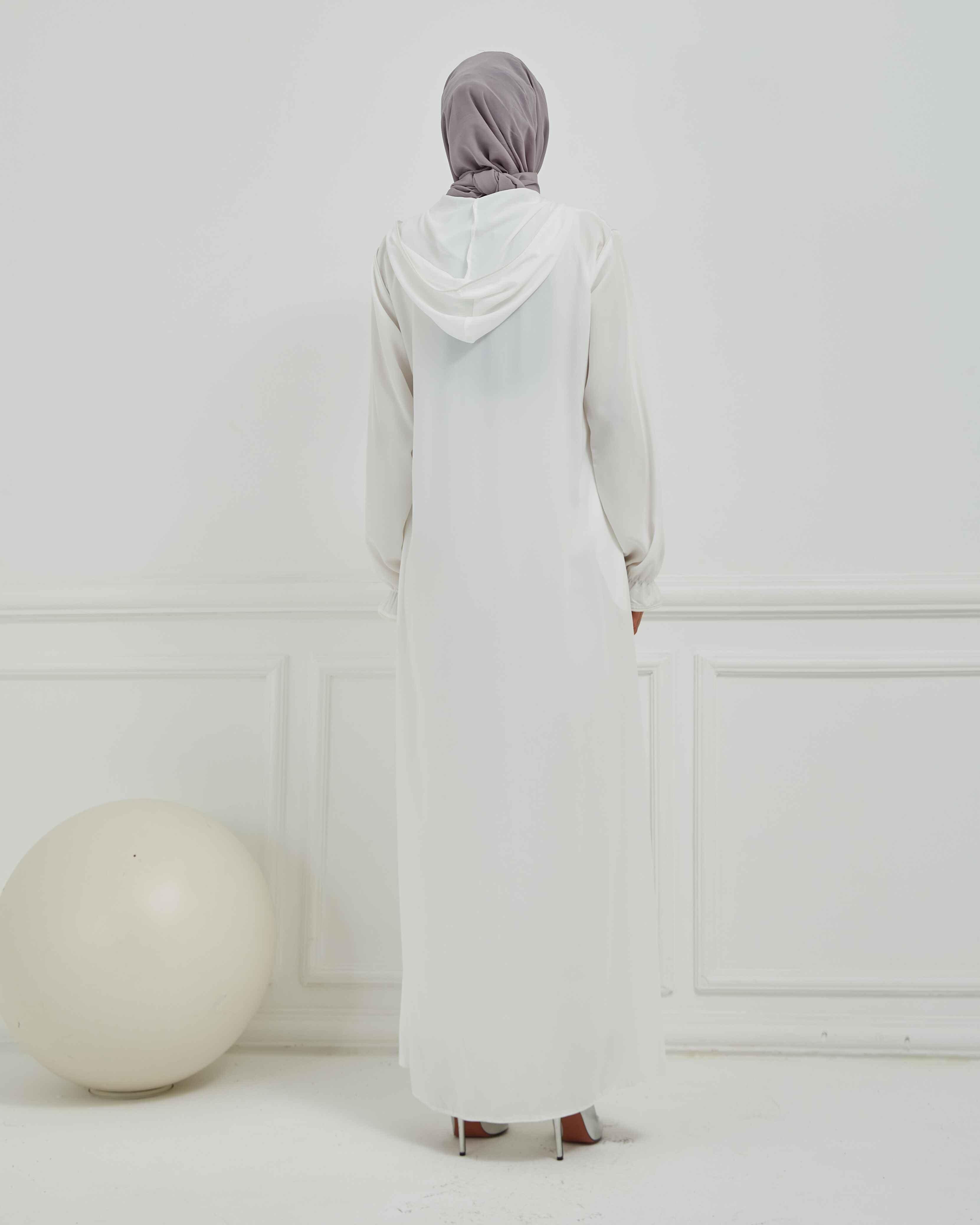 Kapşonlu ve Biyeli Ferace Beyaz | 20952