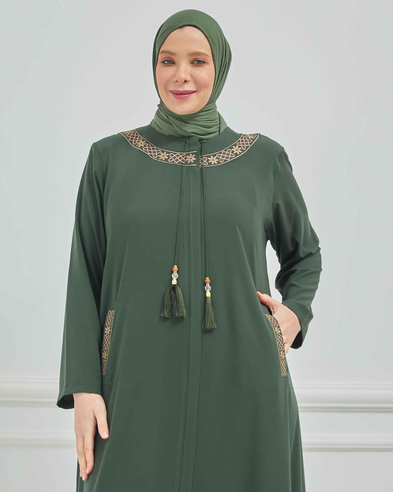 Önü Ve Cebi Nakışlı Büyük Beden Ferace Haki | 204169